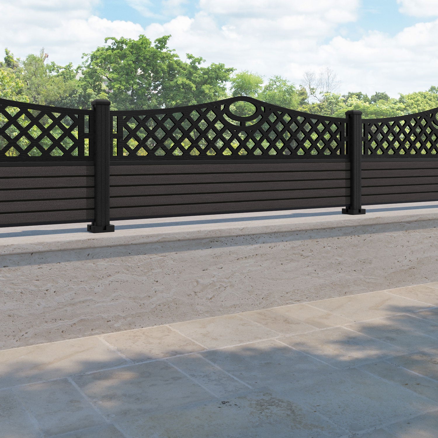 Hudson Oxford Curved Top Fence Panel - Dark Oak - with our composite posts