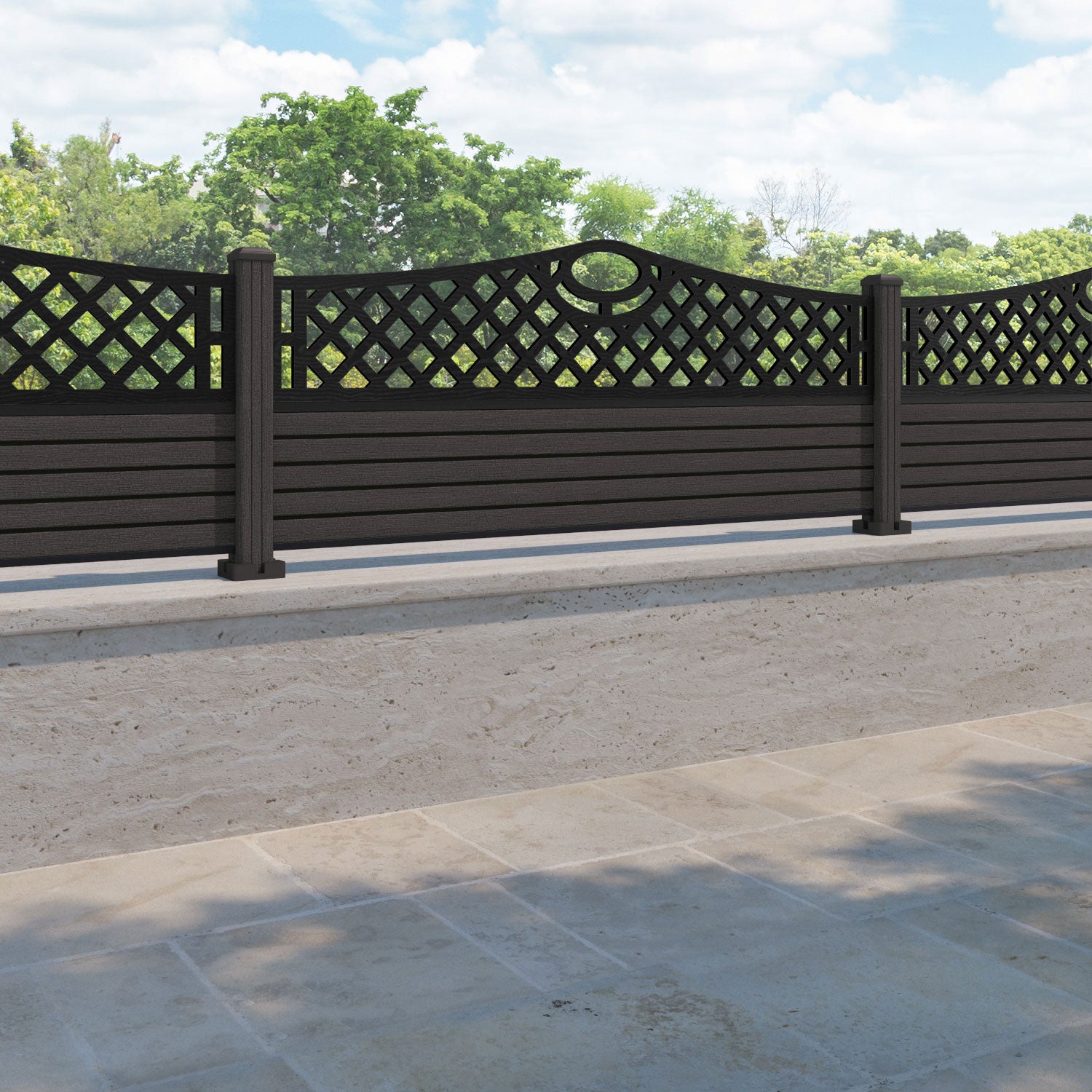 Hudson Oxford Curved Top Fence Panel - Dark Oak - with our composite posts