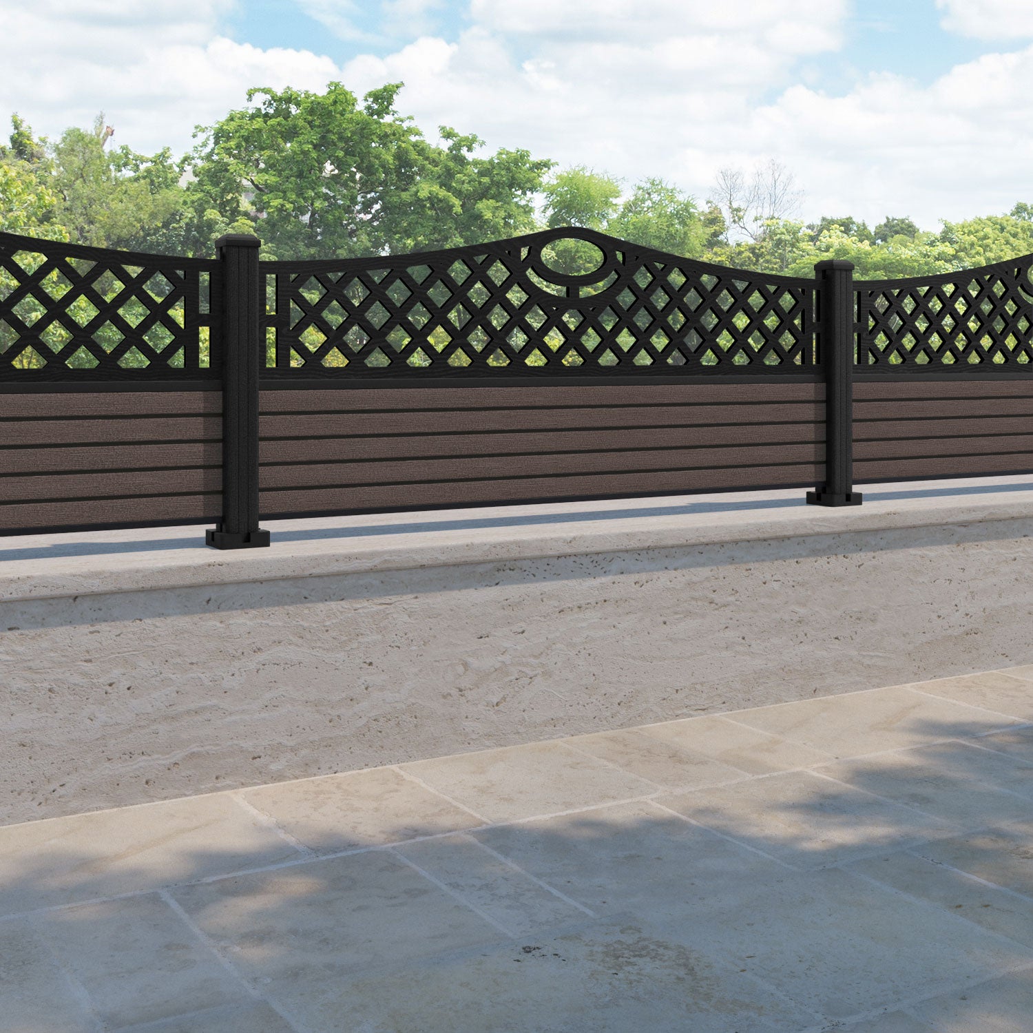 Hudson Oxford Curved Top Fence Panel - Mid Brown - with our composite posts