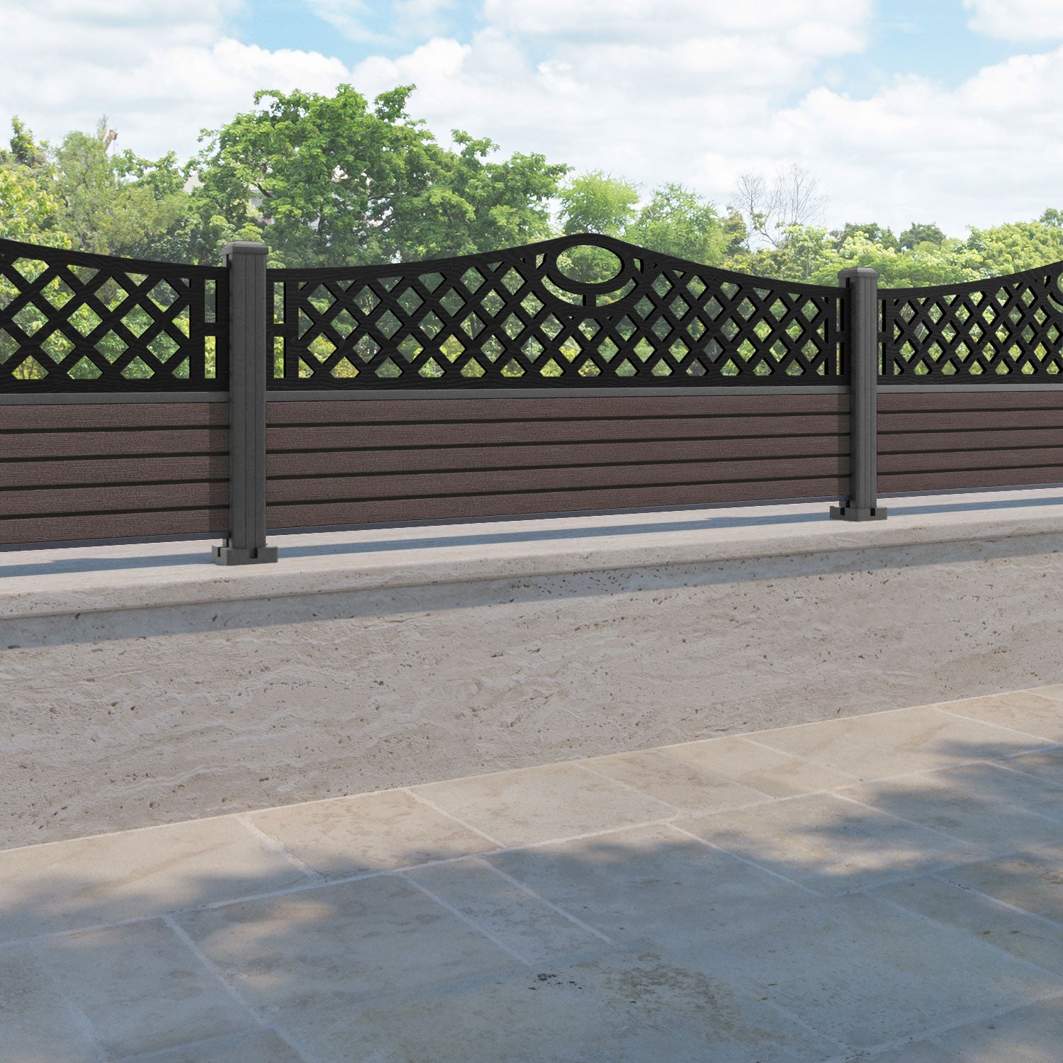 Hudson Oxford Curved Top Fence Panel - Mid Brown - with our aluminium posts