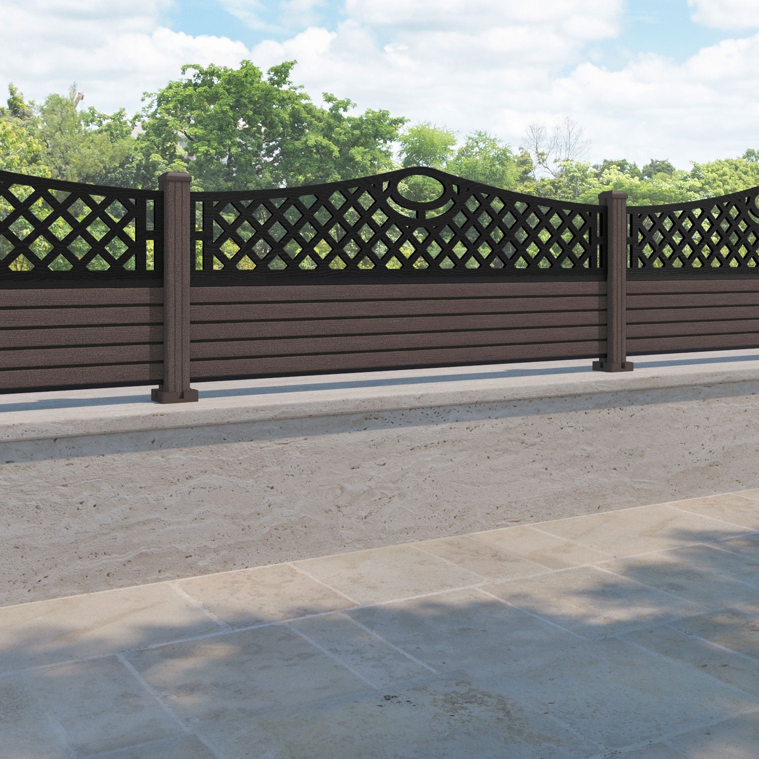 Hudson Oxford Curved Top Fence Panel - Mid Brown - with our composite posts