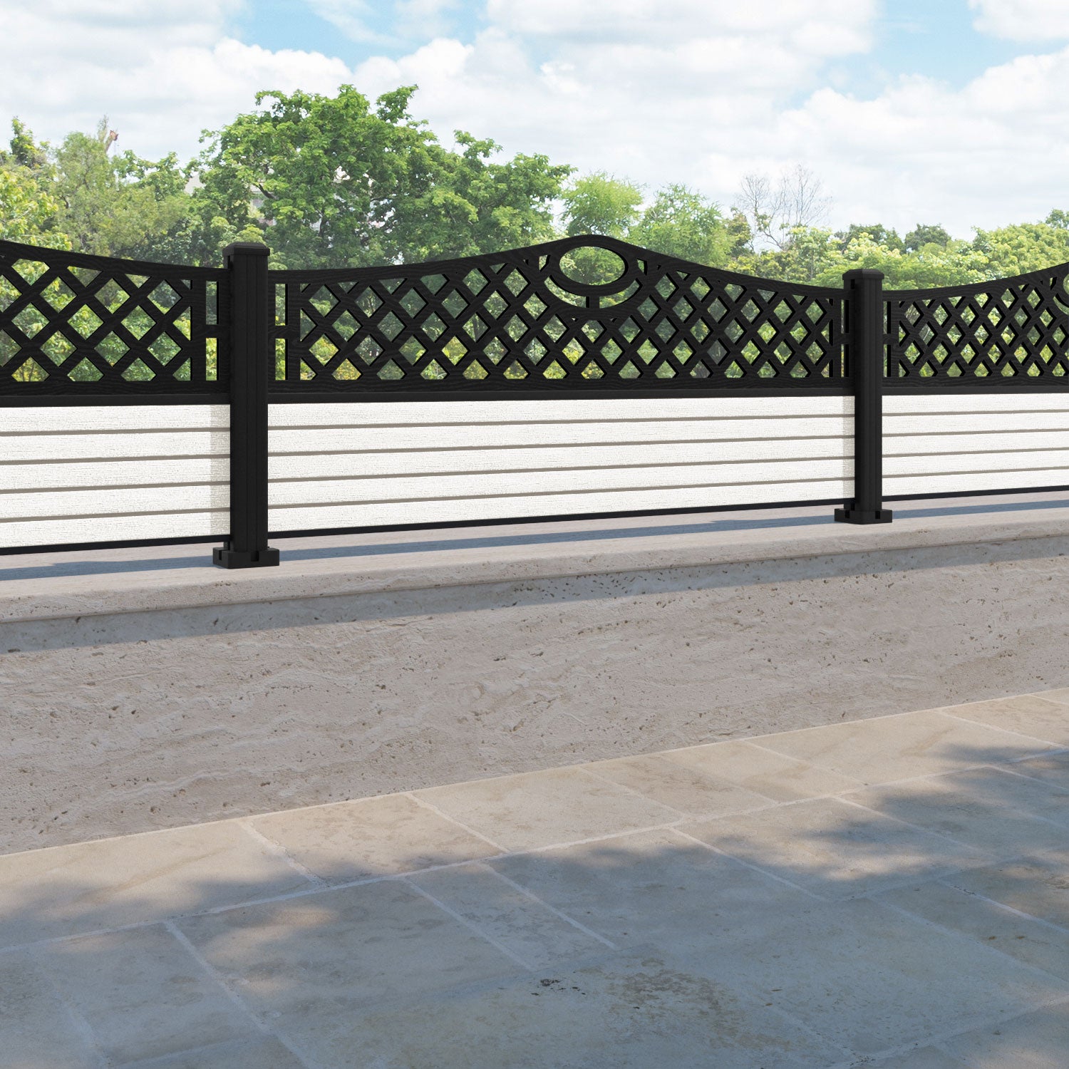 Hudson Oxford Curved Top Fence Panel - Light Stone - with our aluminium posts