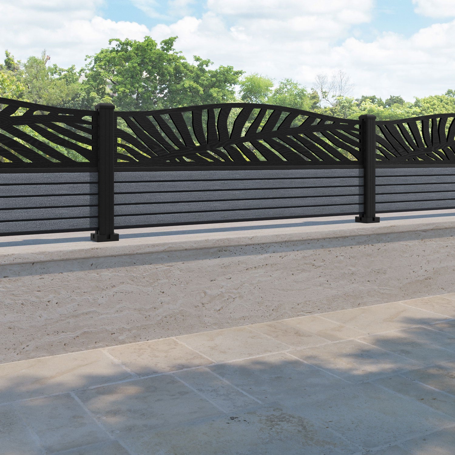 Hudson Palm Curved Top Fence Panel - Anthracite - with our aluminium posts