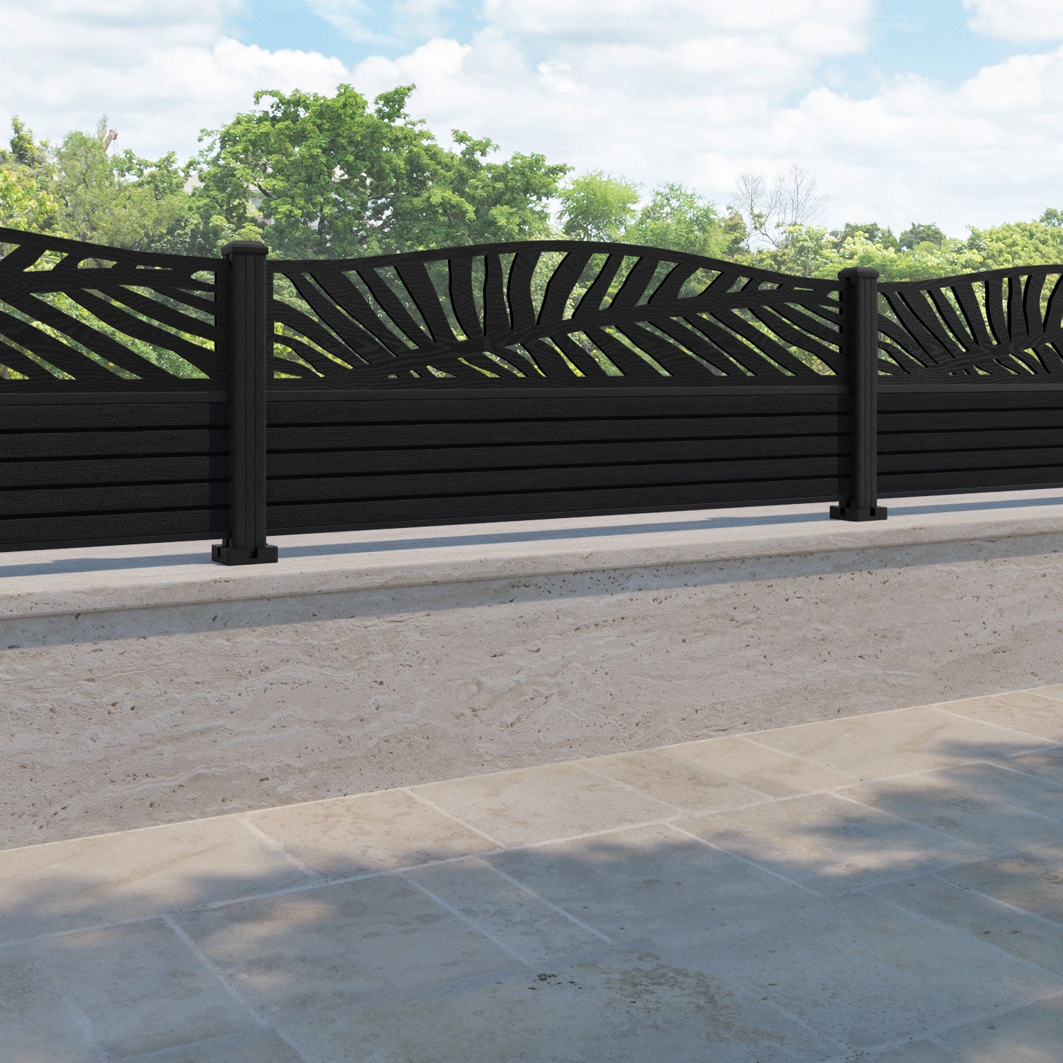 Hudson Palm Curved Top Fence Panel - Black - with our composite posts