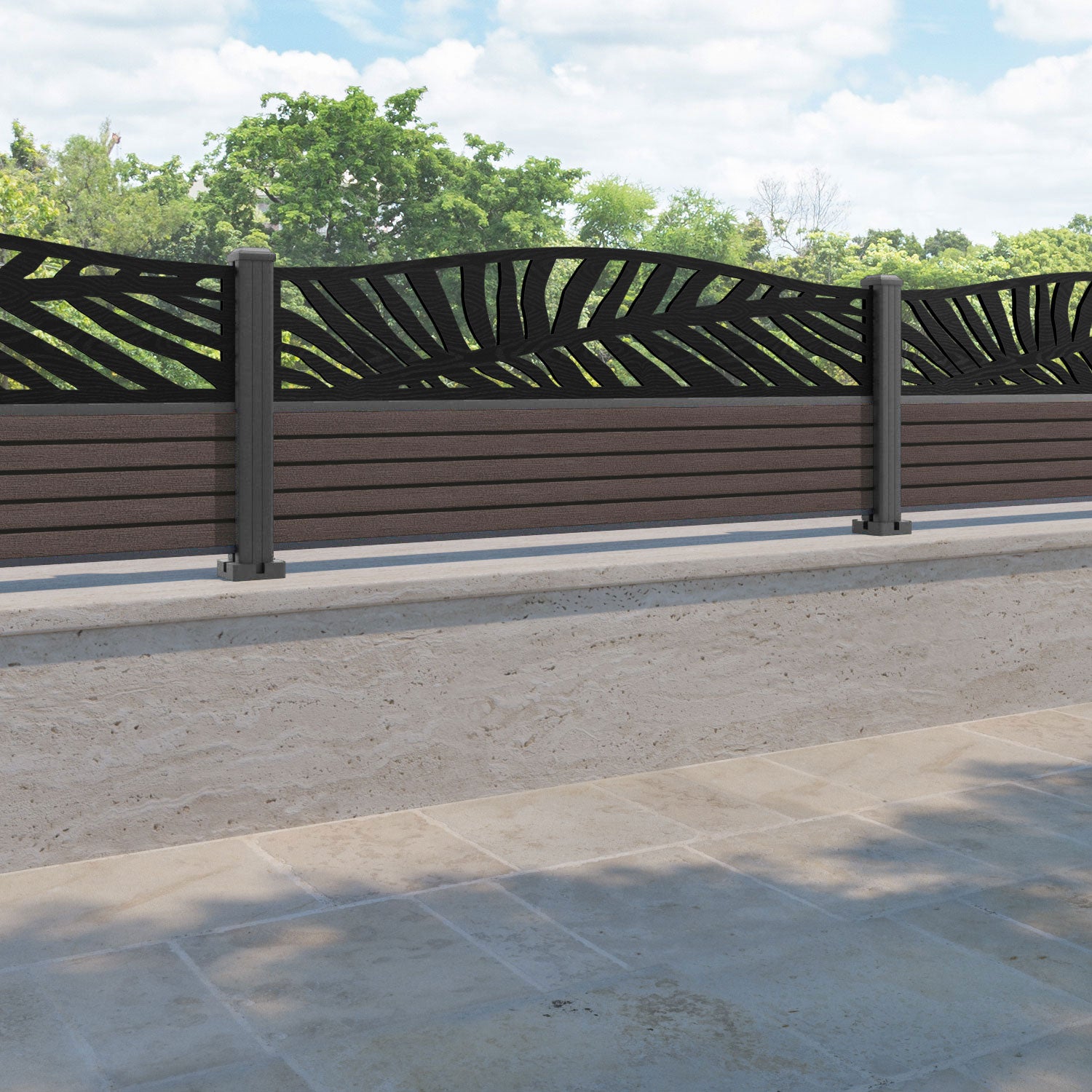 Hudson Palm Curved Top Fence Panel - Mid Brown - with our aluminium posts