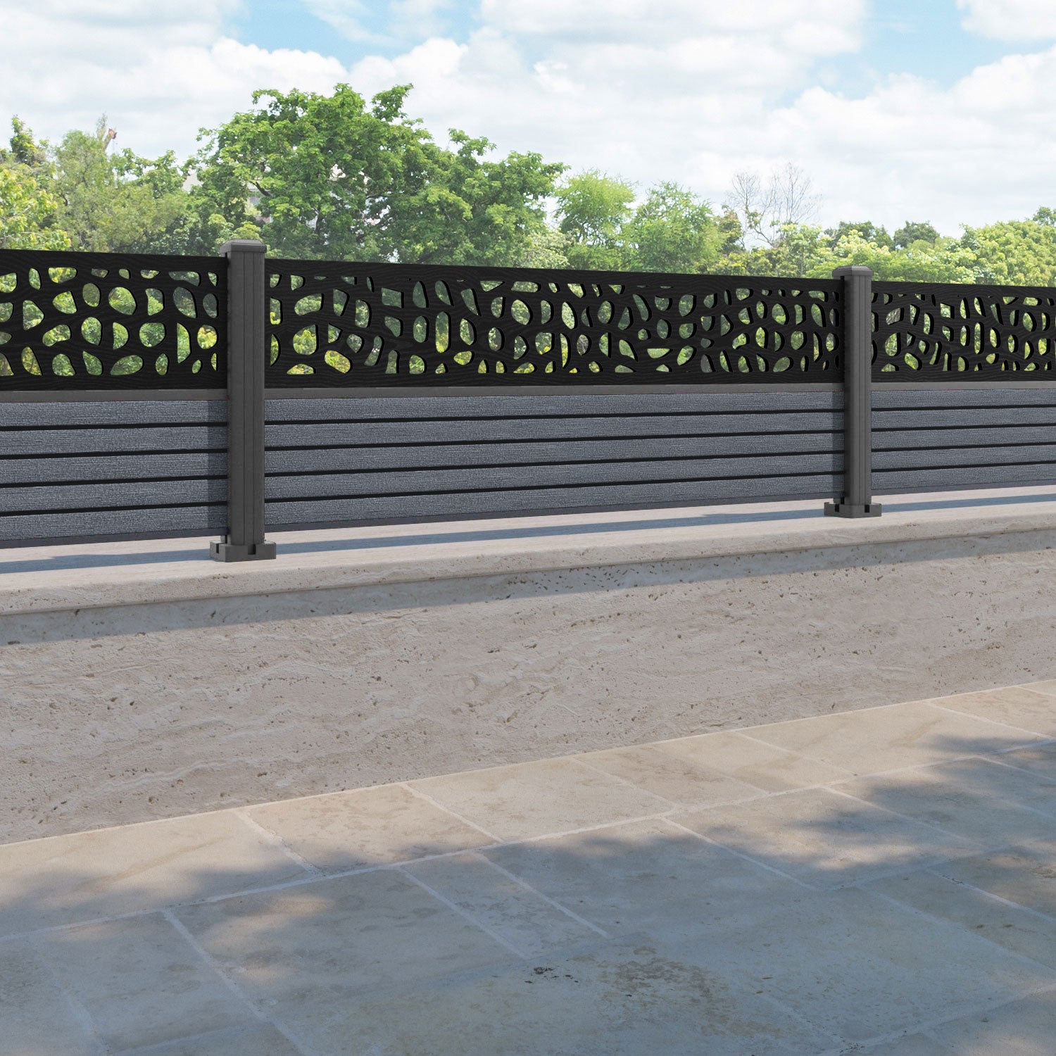 Hudson Pebble Fence Panel - Anthracite - with our aluminium posts