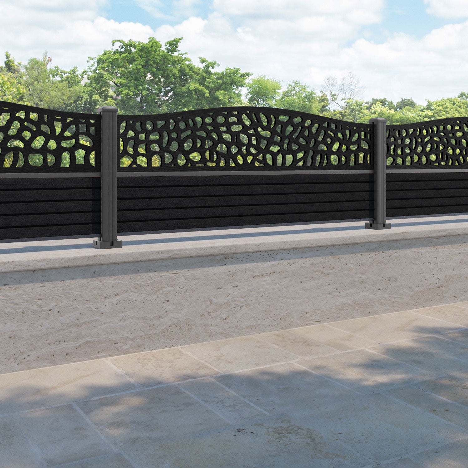 Hudson Pebble Curved Top Fence Panel - Black - with our aluminium posts
