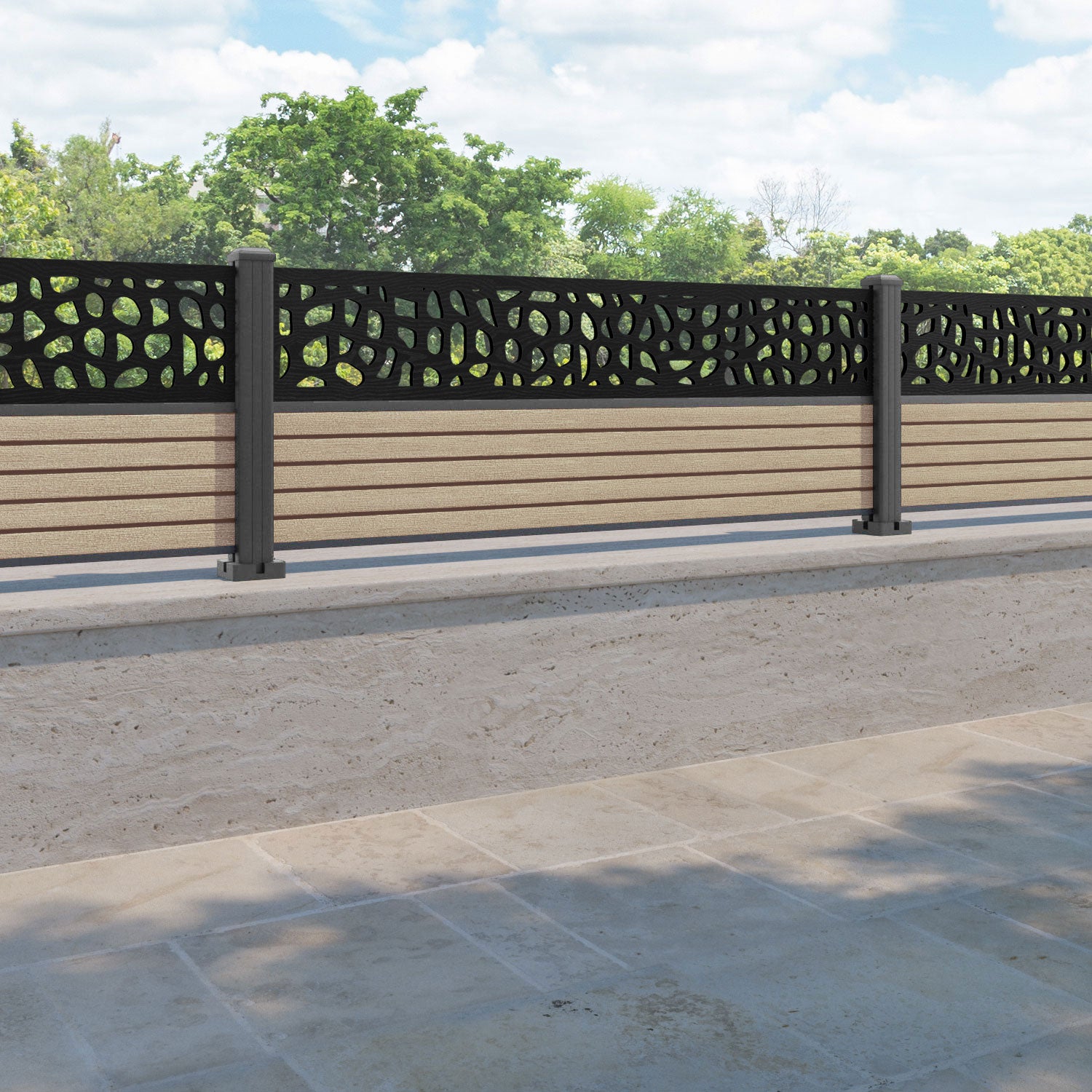 Hudson Pebble Fence Panel - Light Oak - with our aluminium posts