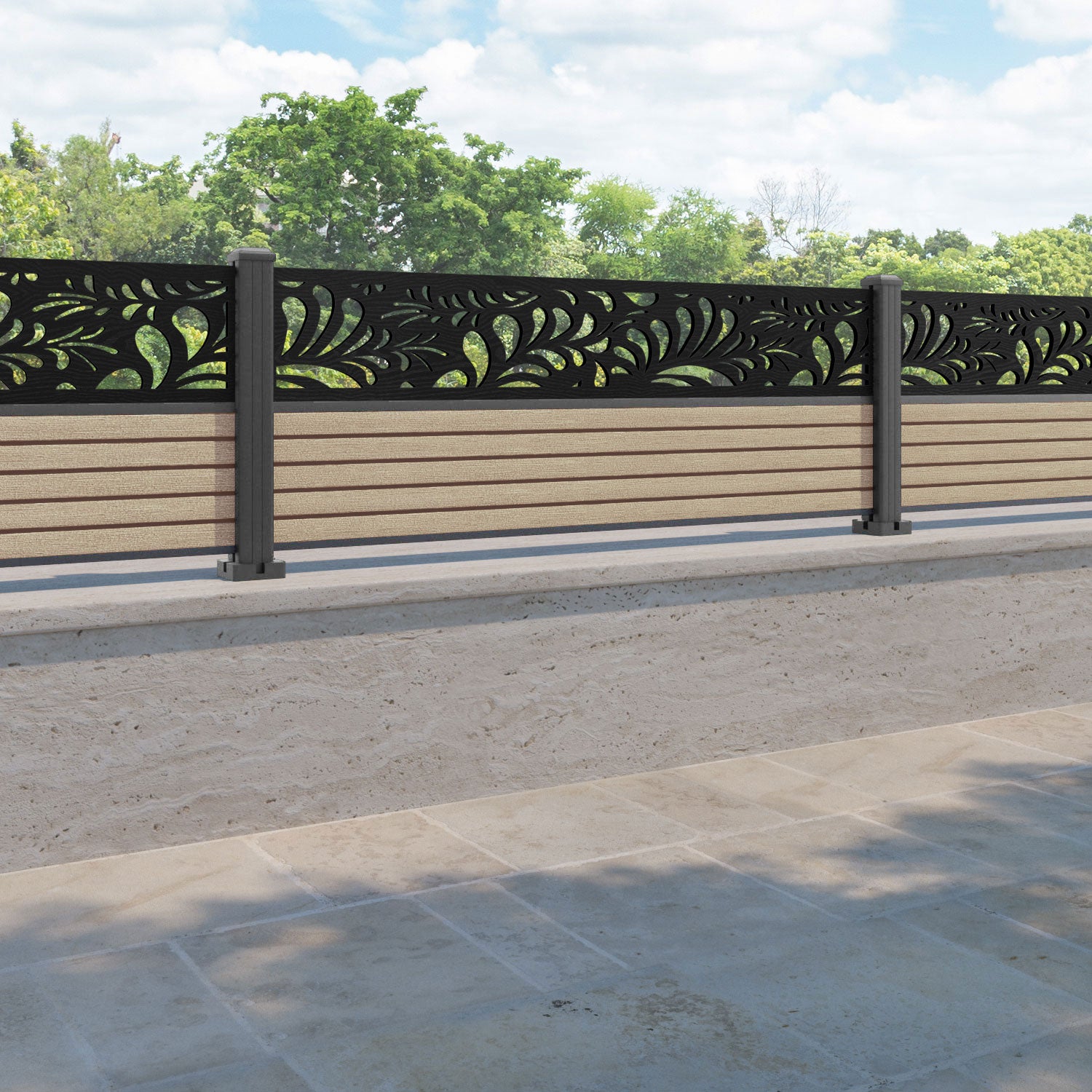 Hudson Petal Fence Panel - Light Oak - with our aluminium posts