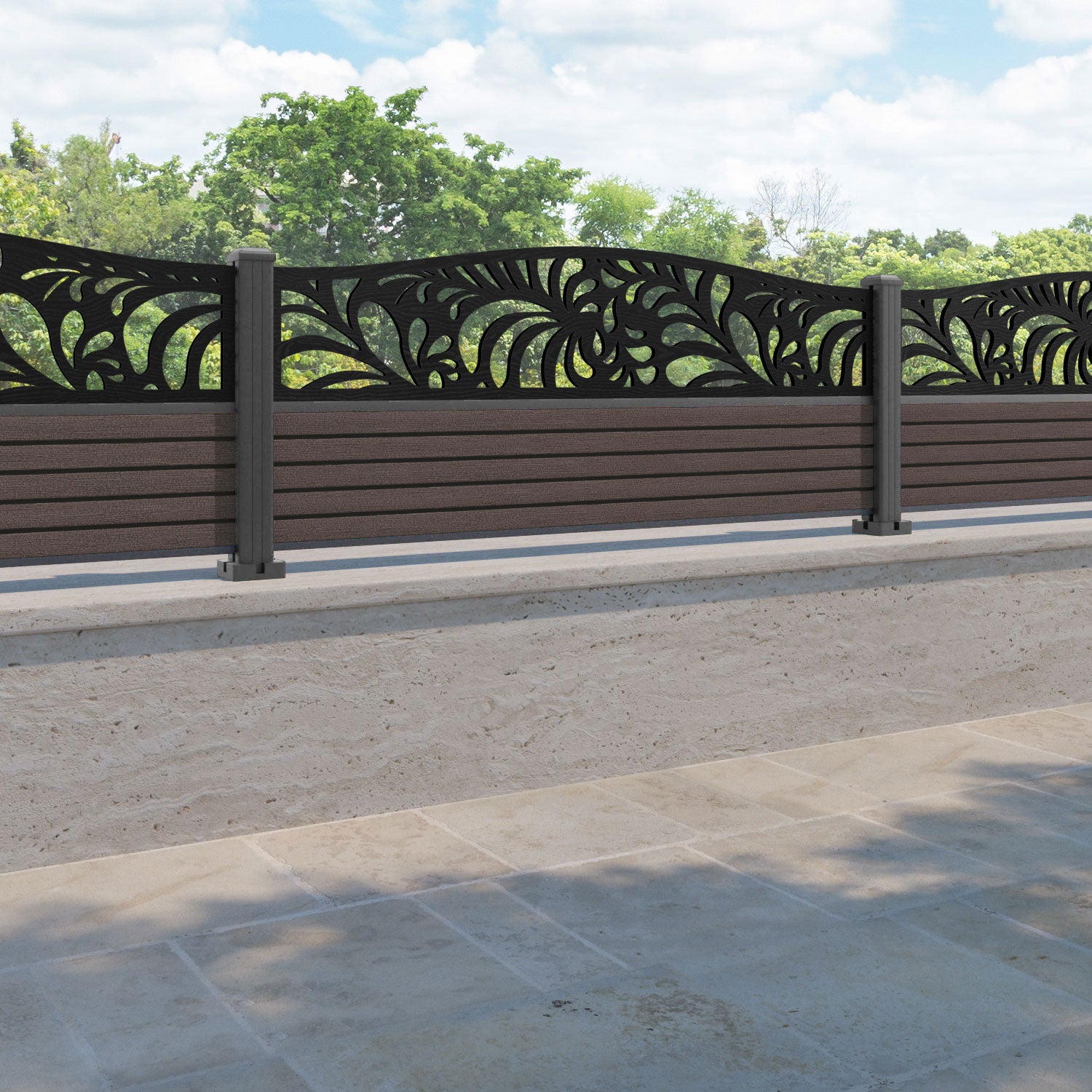 Hudson Petal Curved Top Fence Panel - Mid Brown - with our aluminium posts