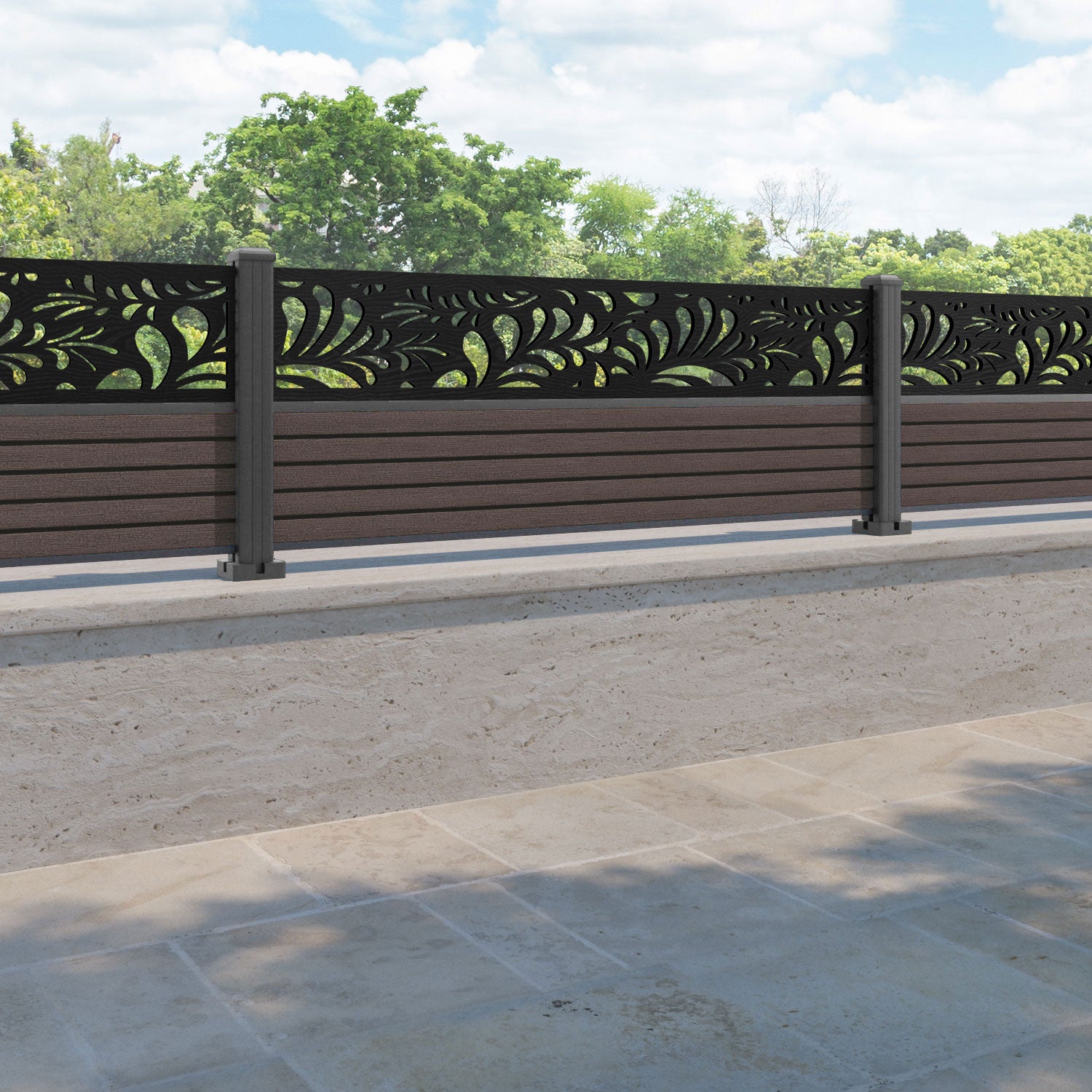 Hudson Petal Fence Panel - Mid Brown - with our aluminium posts