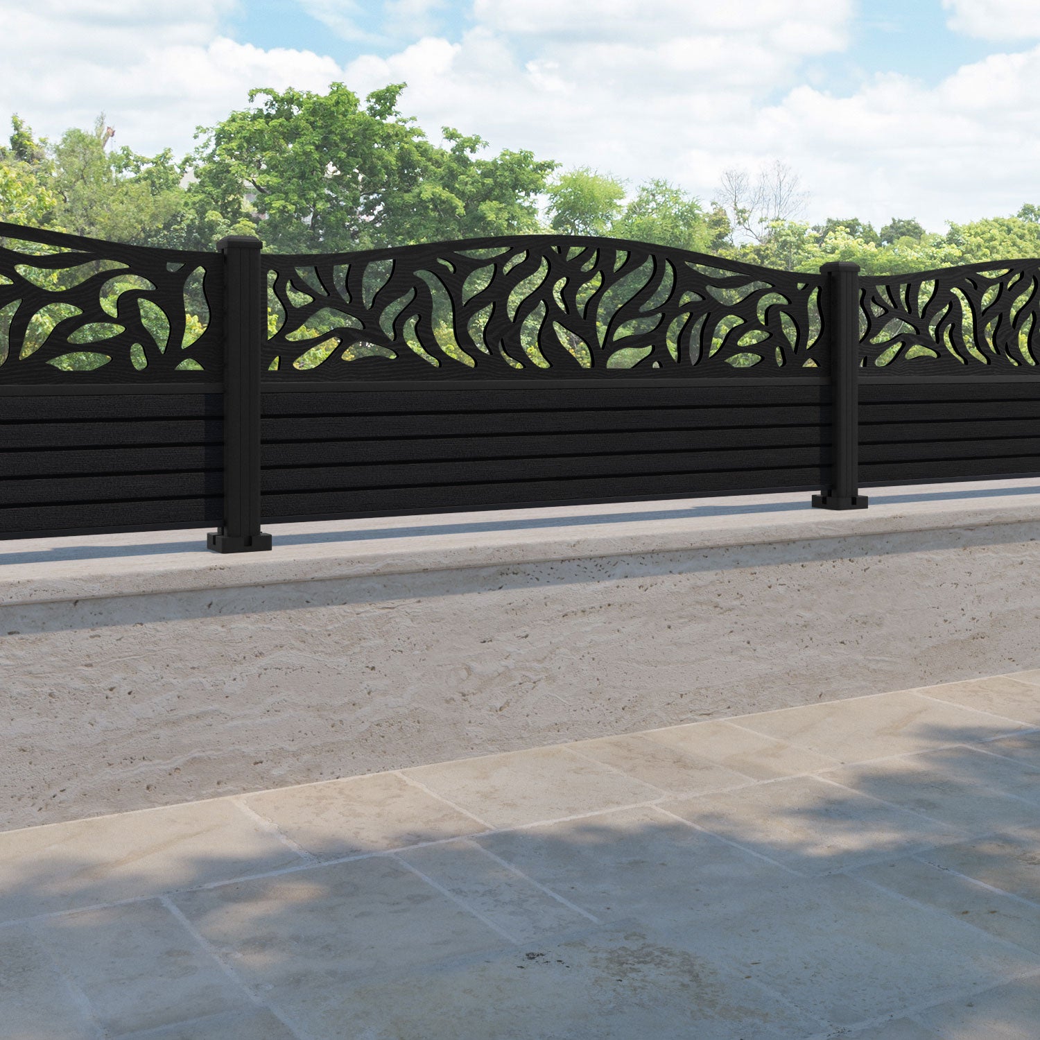 Hudson Plume Curved Top Fence Panel - Black - with our aluminium posts