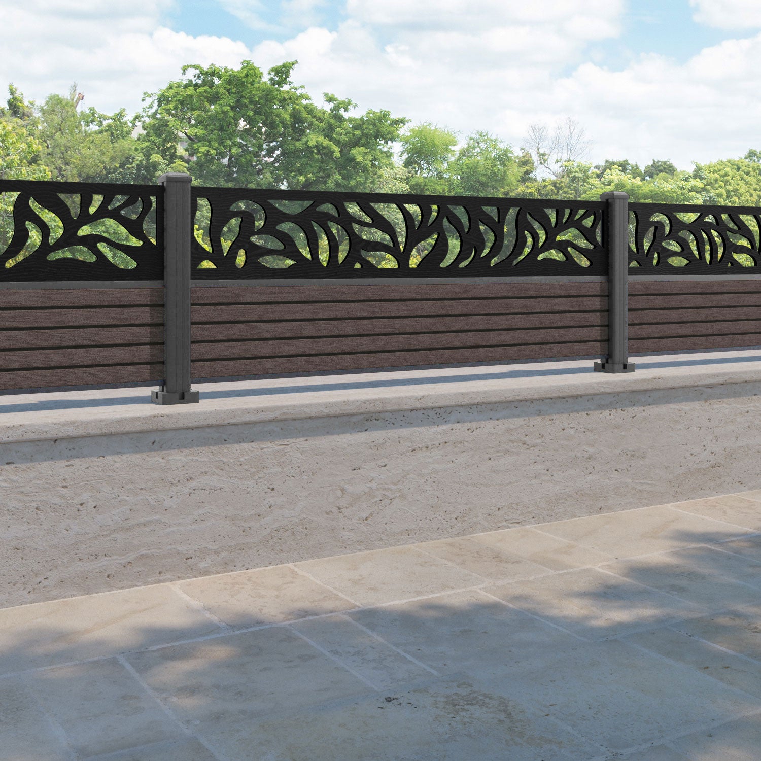 Hudson Plume Fence Panel - Mid Brown - with our aluminium posts