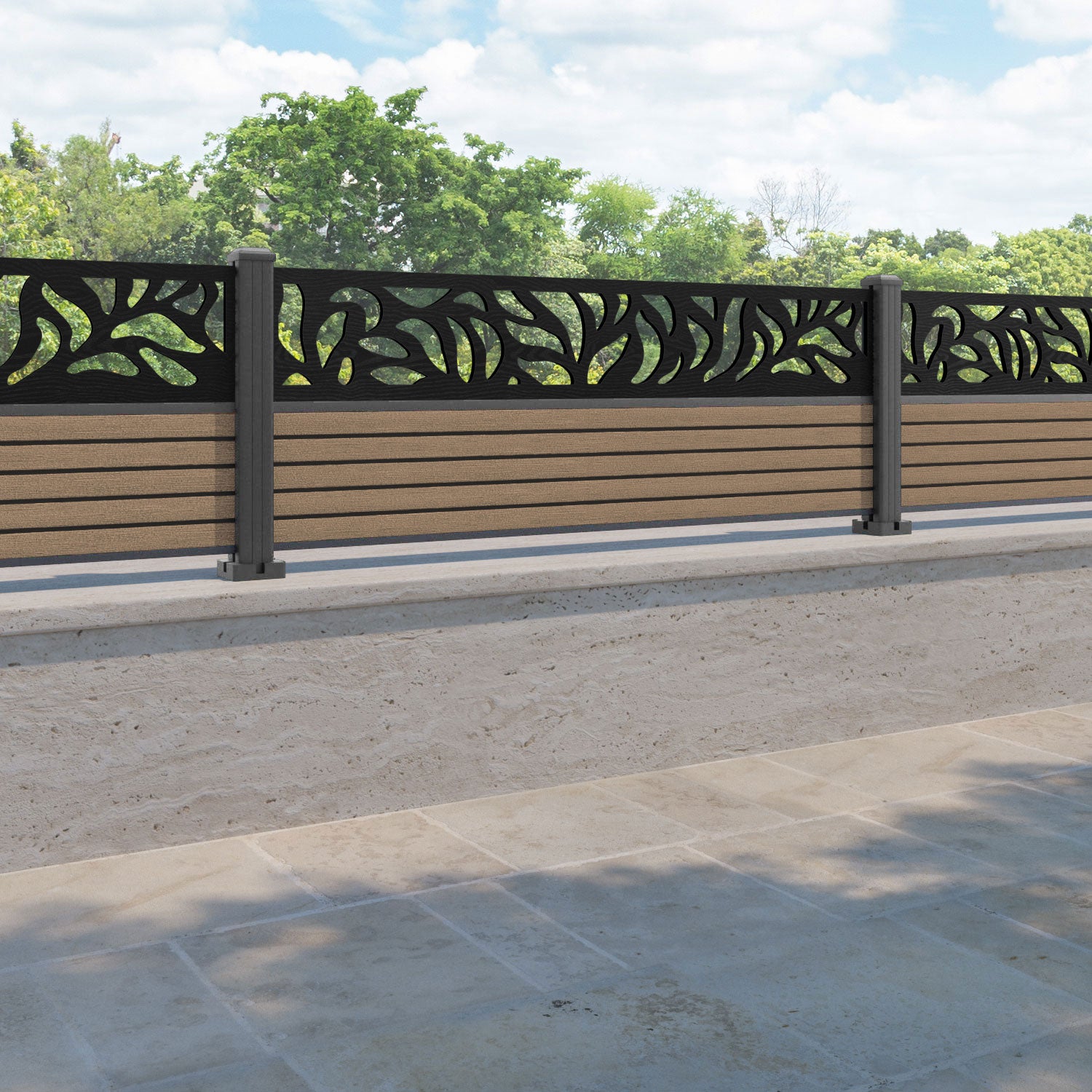 Hudson Plume Fence Panel - Teak - with our aluminium posts