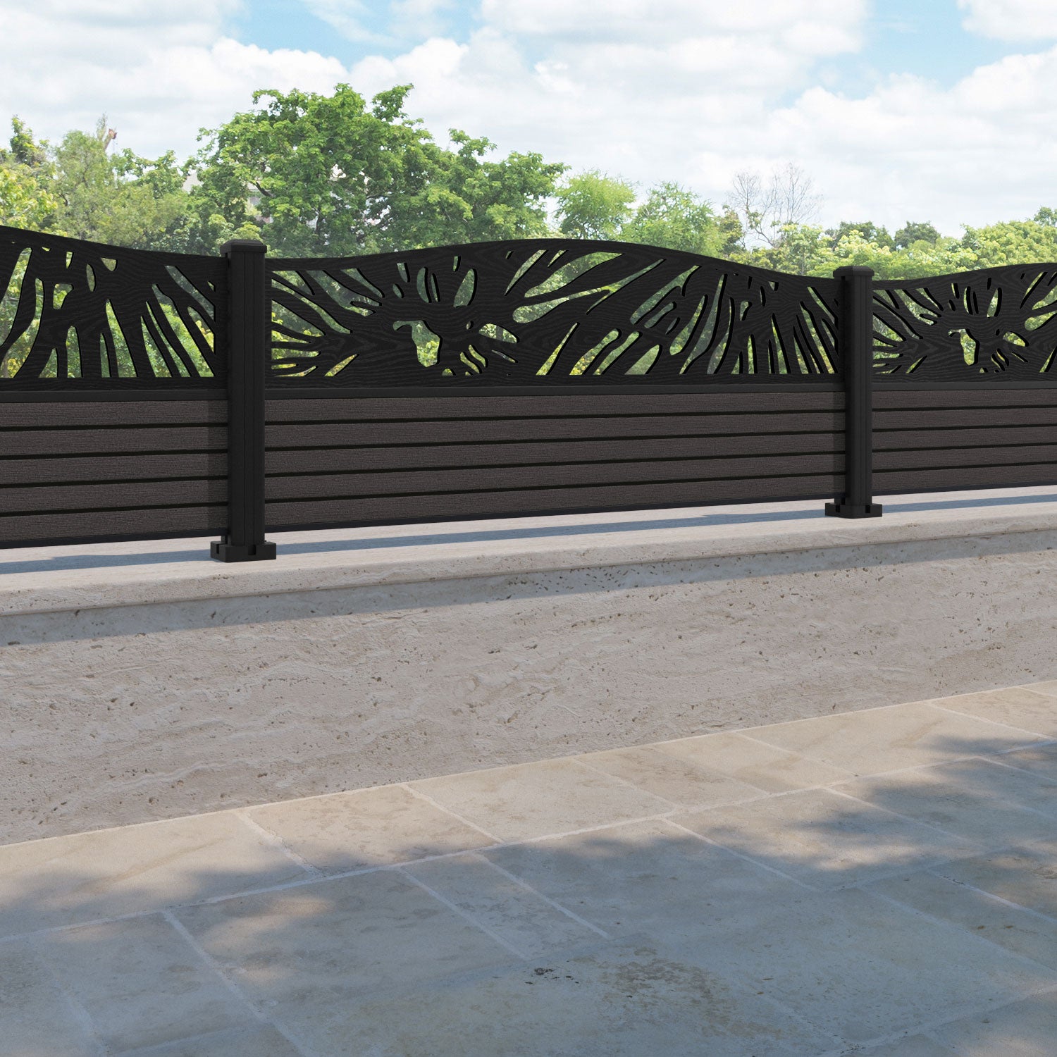 Hudson Poppy Curved Top Fence Panel - Dark Oak - with our aluminium posts