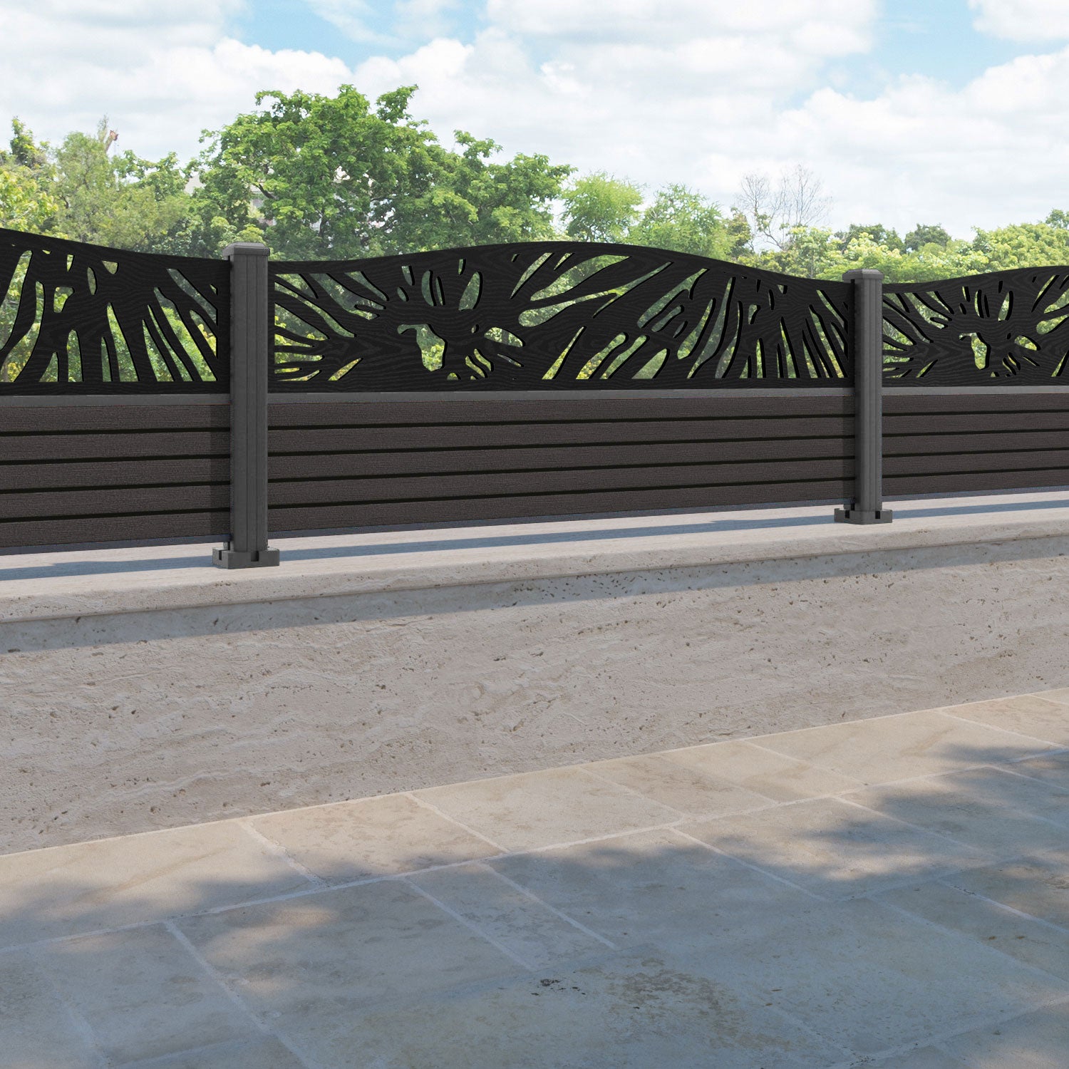 Hudson Poppy Curved Top Fence Panel - Dark Oak - with our aluminium posts