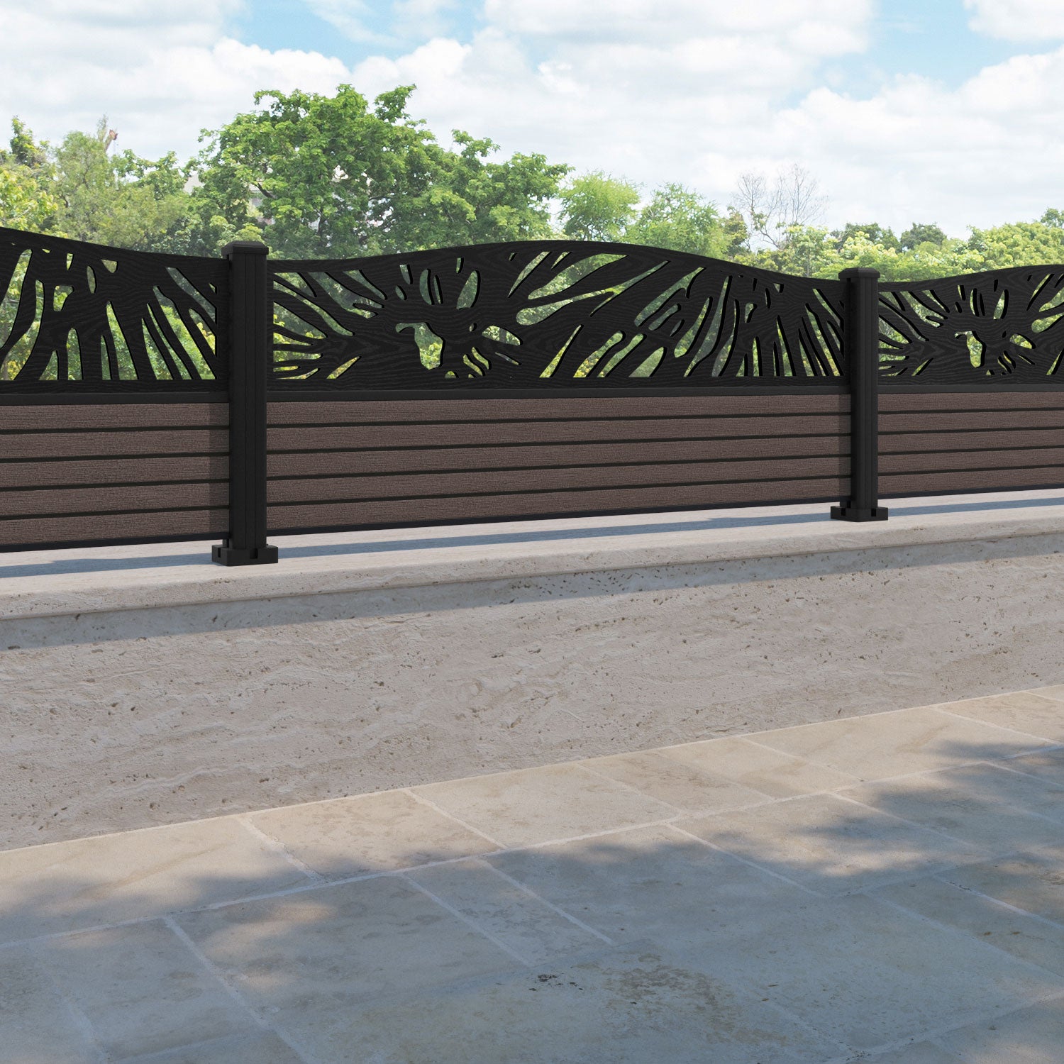 Hudson Poppy Curved Top Fence Panel - Mid Brown - with our aluminium posts