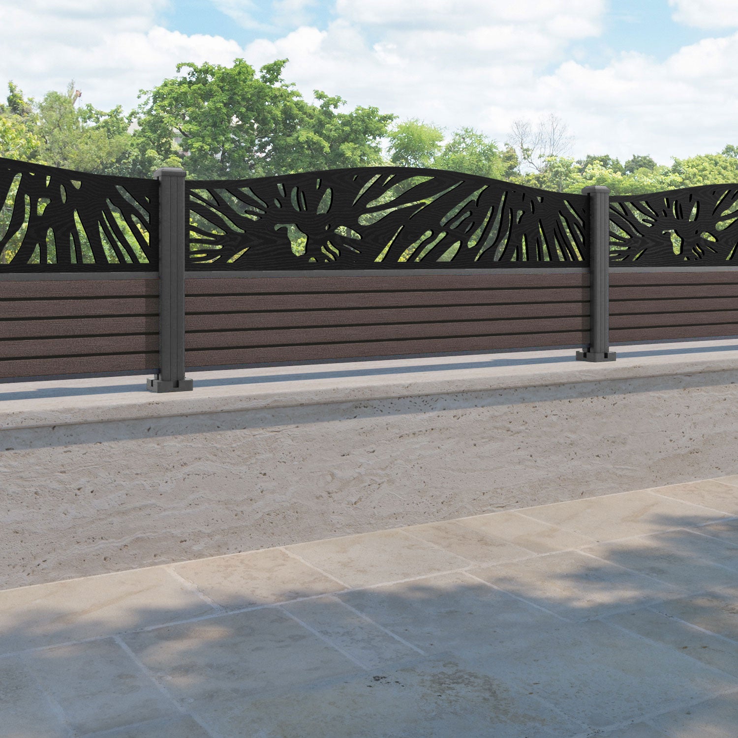 Hudson Poppy Curved Top Fence Panel - Mid Brown - with our aluminium posts