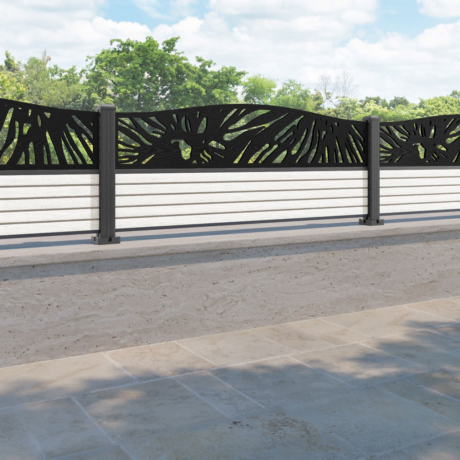 Hudson Poppy Curved Top Fence Panel - Light Stone - with our aluminium posts