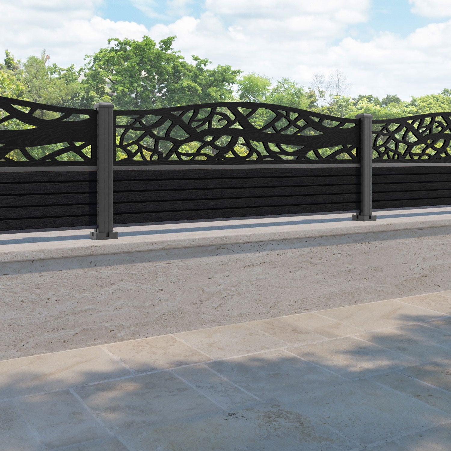 Hudson Twilight Curved Top Fence Panel - Black - with our aluminium posts