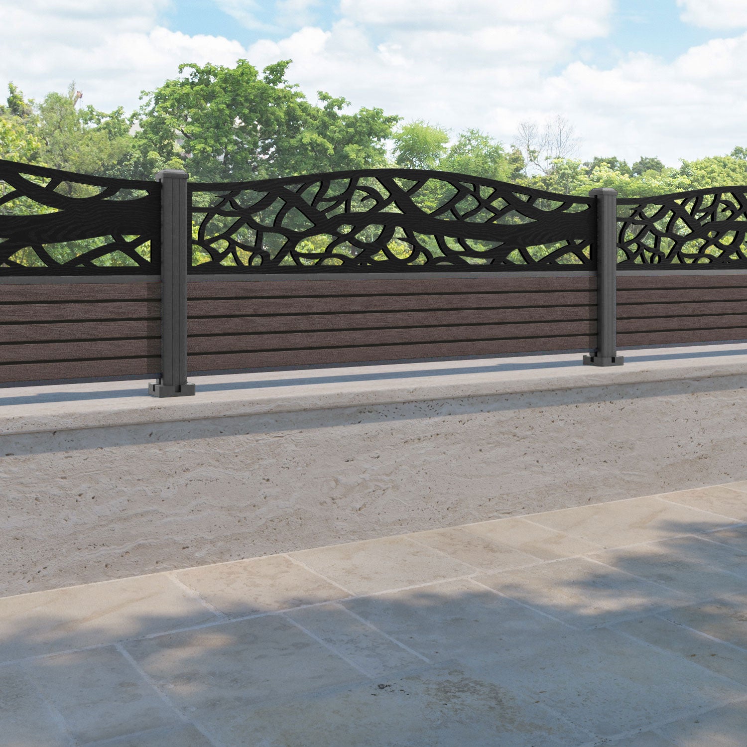 Hudson Twilight Curved Top Fence Panel - Mid Brown - with our aluminium posts