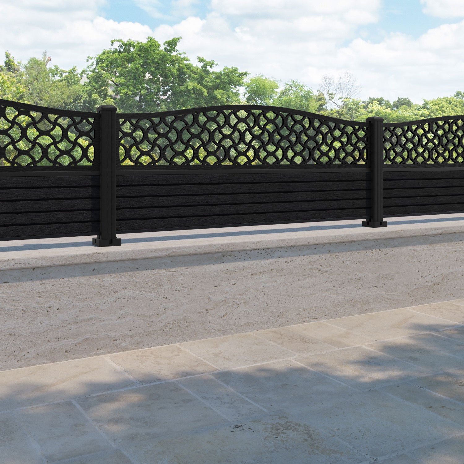 Hudson Vida Curved Top Fence Panel - Black - with our aluminium posts