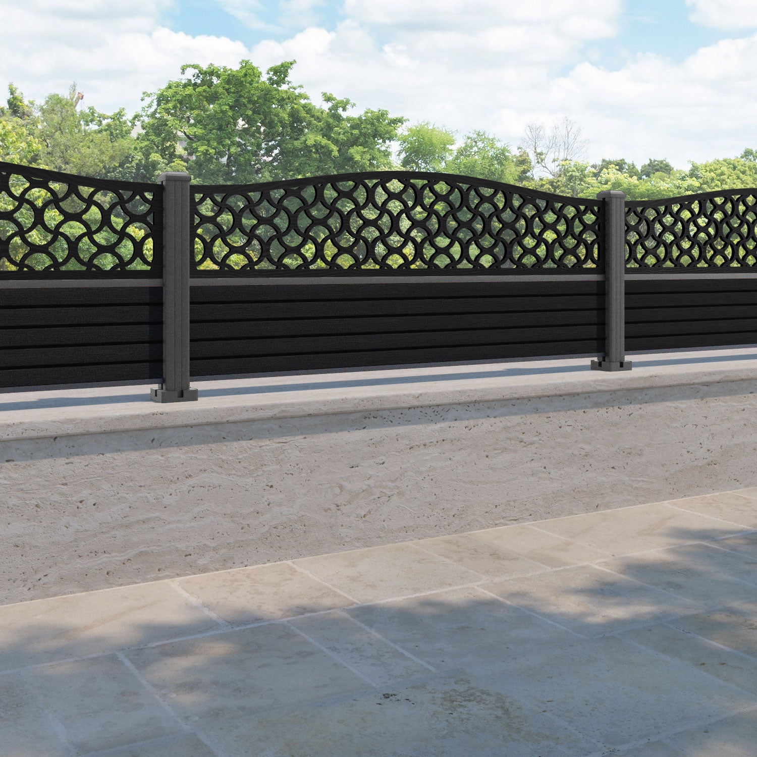 Hudson Vida Curved Top Fence Panel - Black - with our aluminium posts