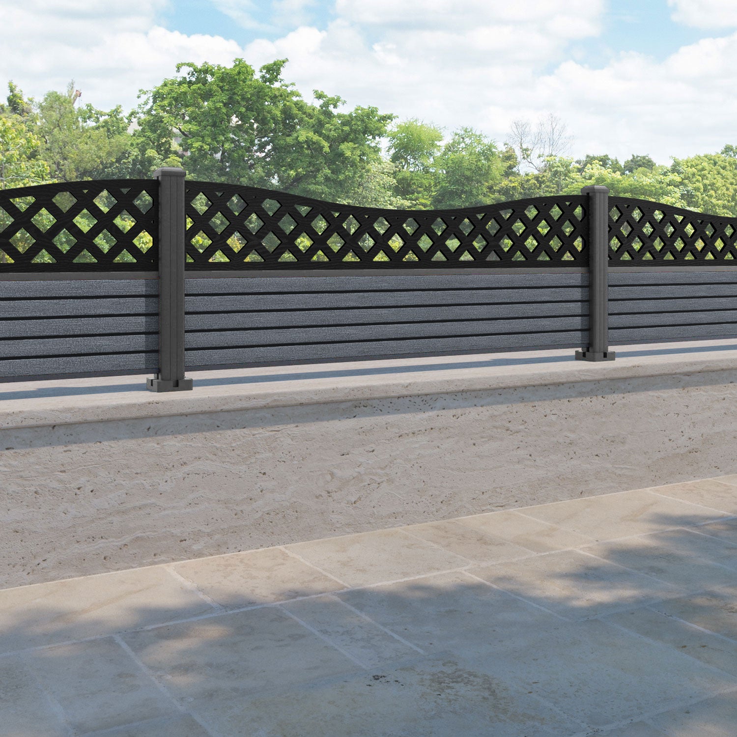 Hudson Low Wave Curved Top Fence Panel - Anthracite - with our aluminium posts