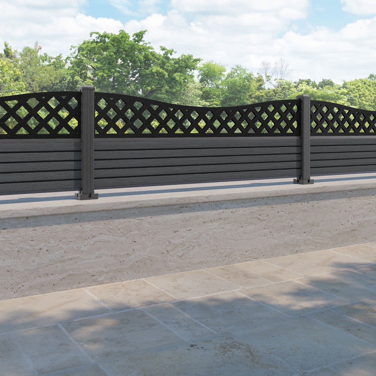 Hudson Low Wave Fence Panel - Dark Grey - with our aluminium posts