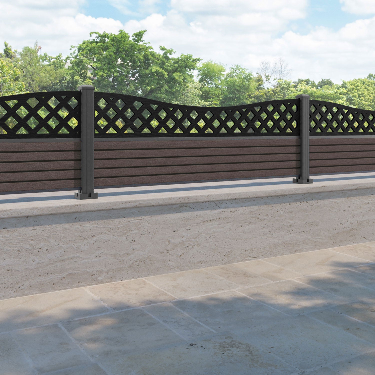 Hudson Low Wave Fence Panel - Mid Brown - with our aluminium posts