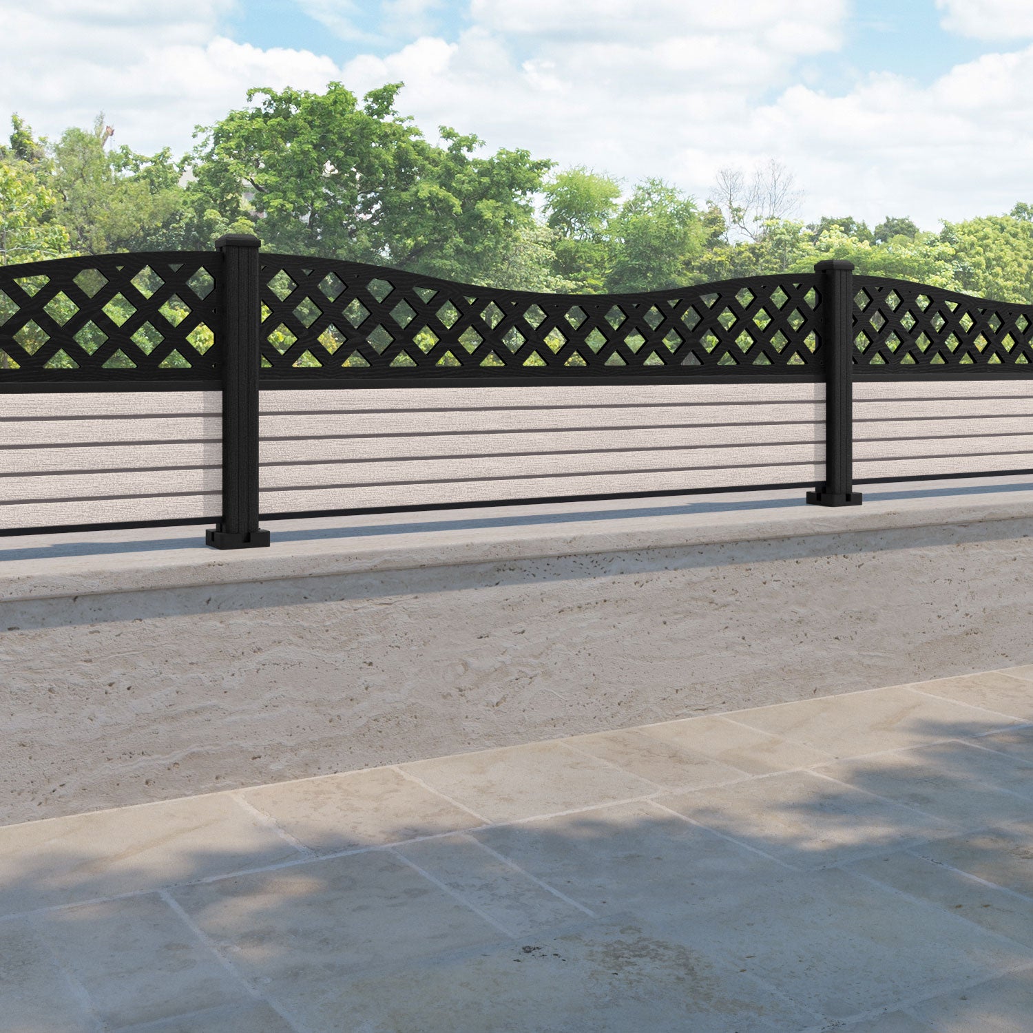 Hudson Low Wave Curved Top Fence Panel - Mid Stone - with our composite posts