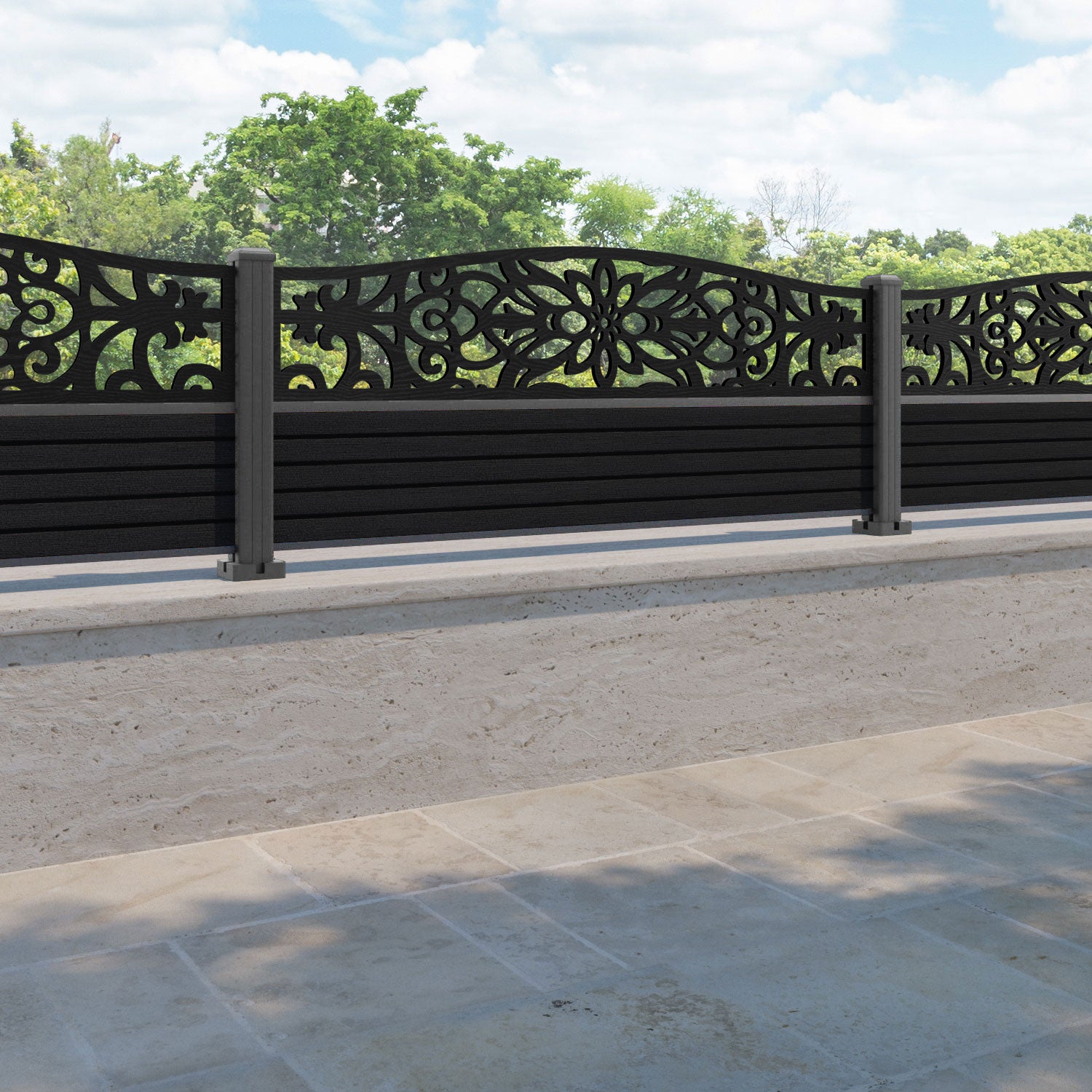 Hudson Windsor Curved Top Fence Panel - Black - with our aluminium posts