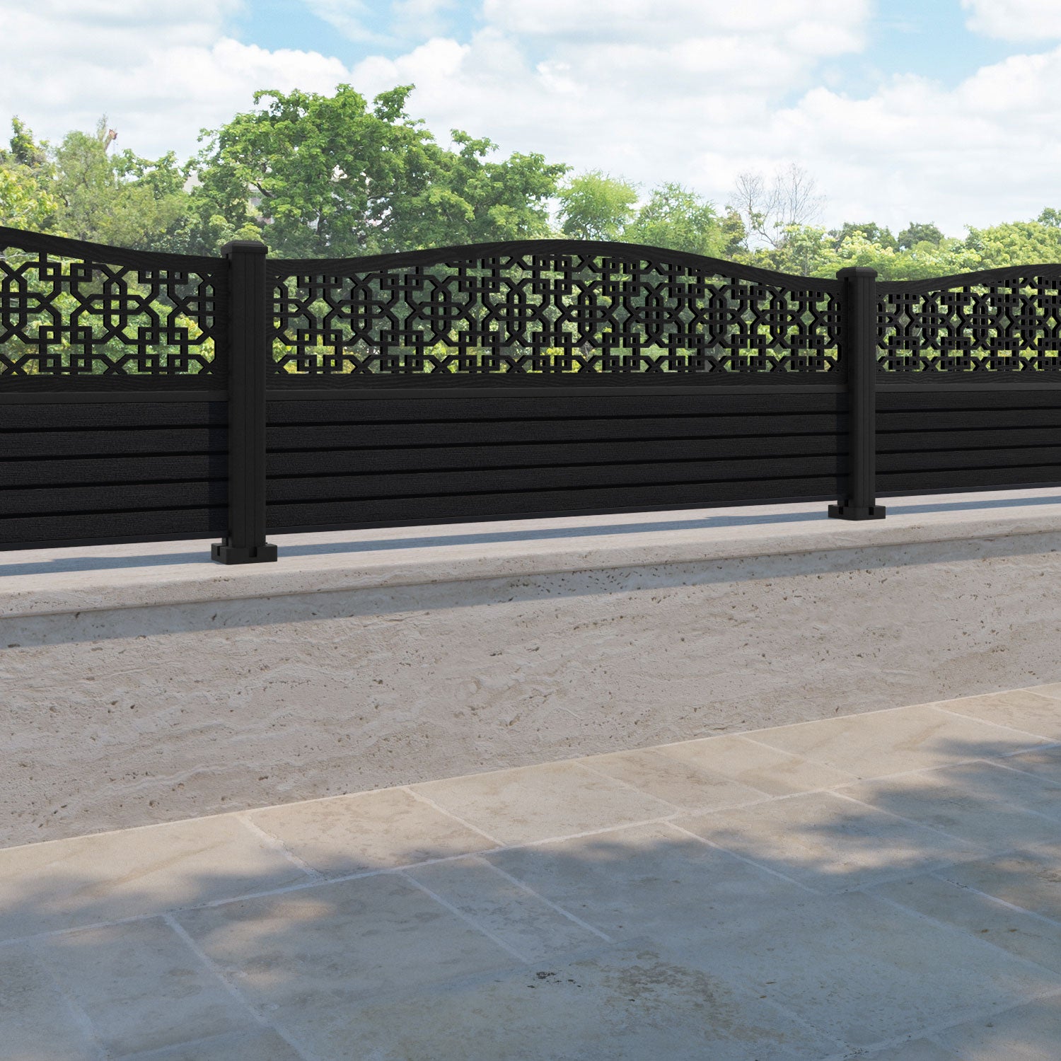 Hudson Zaria Curved Top Fence Panel - Black - with our aluminium posts