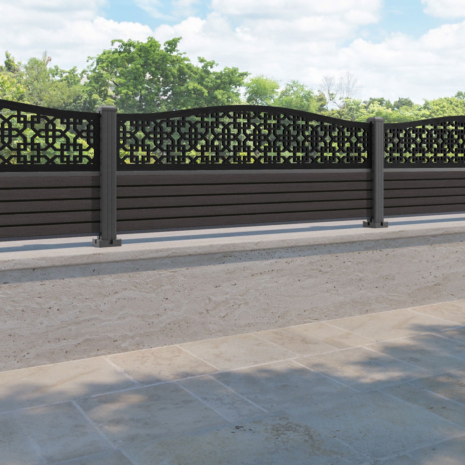 Hudson Zaria Curved Top Fence Panel - Dark Oak - with our aluminium posts