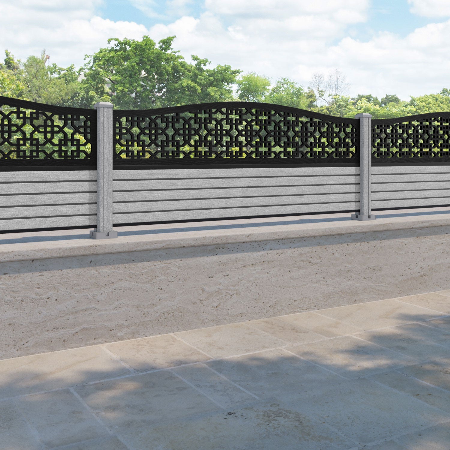 Hudson Zaria Curved Top Fence Panel - Light Grey - with our composite posts