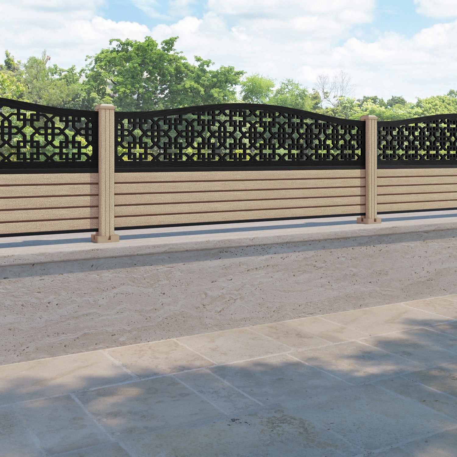 Hudson Zaria Curved Top Fence Panel - Light Oak - with our composite posts