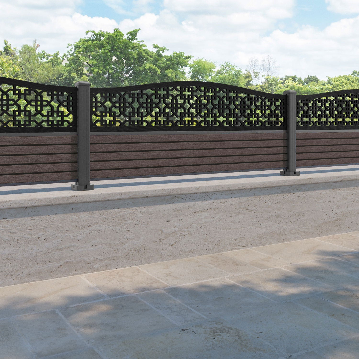 Hudson Zaria Curved Top Fence Panel - Mid Brown - with our aluminium posts