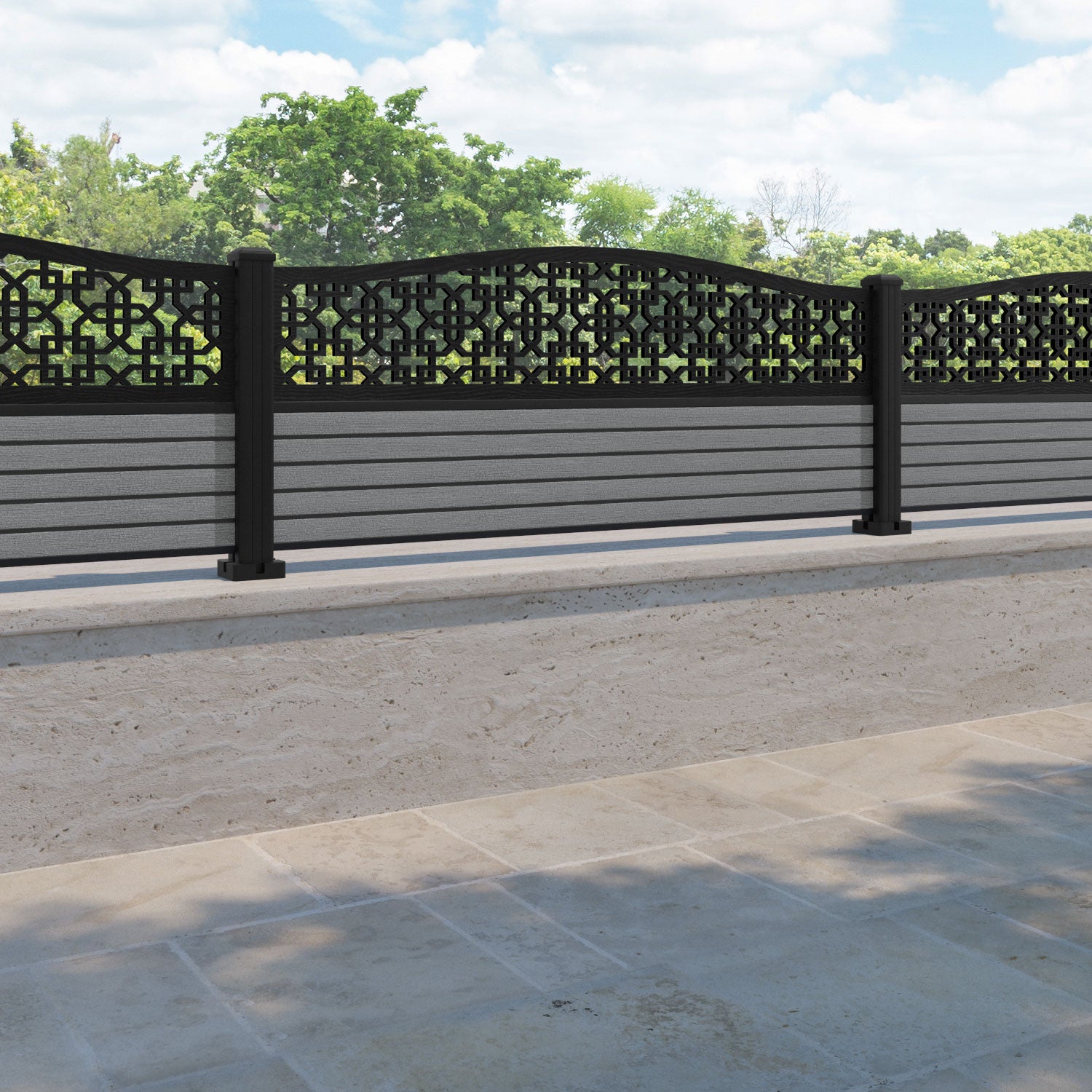 Hudson Zaria Curved Top Fence Panel - Mid Grey - with our aluminium posts