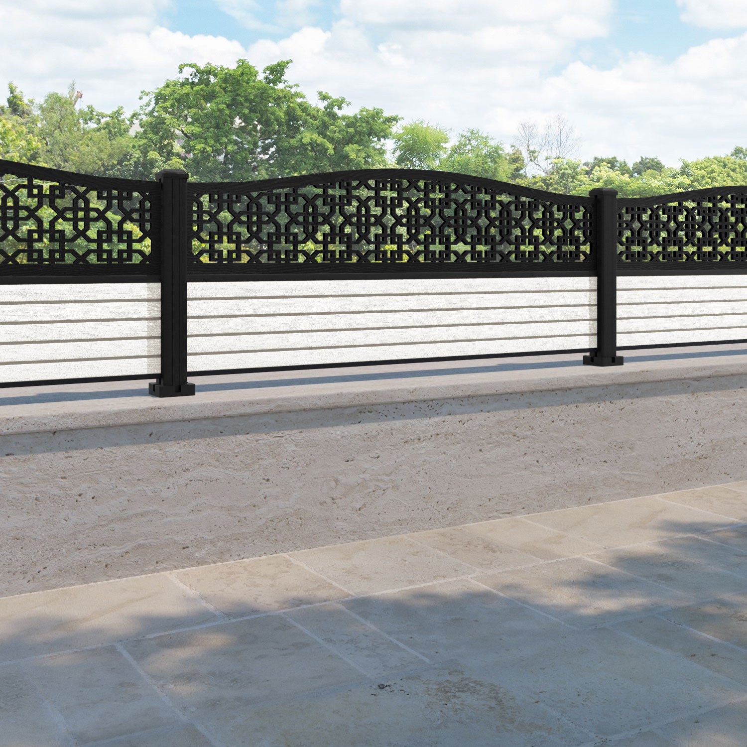 Hudson Zaria Curved Top Fence Panel - Light Stone - with our aluminium posts