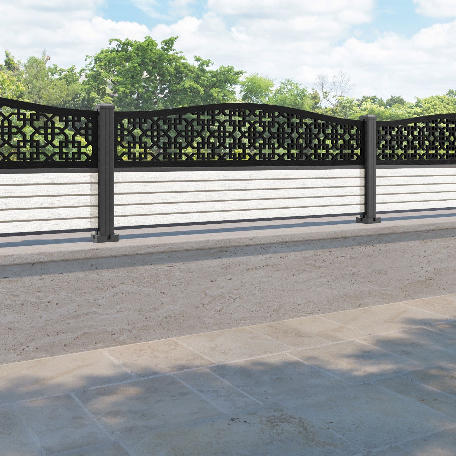Hudson Zaria Curved Top Fence Panel - Light Stone - with our aluminium posts