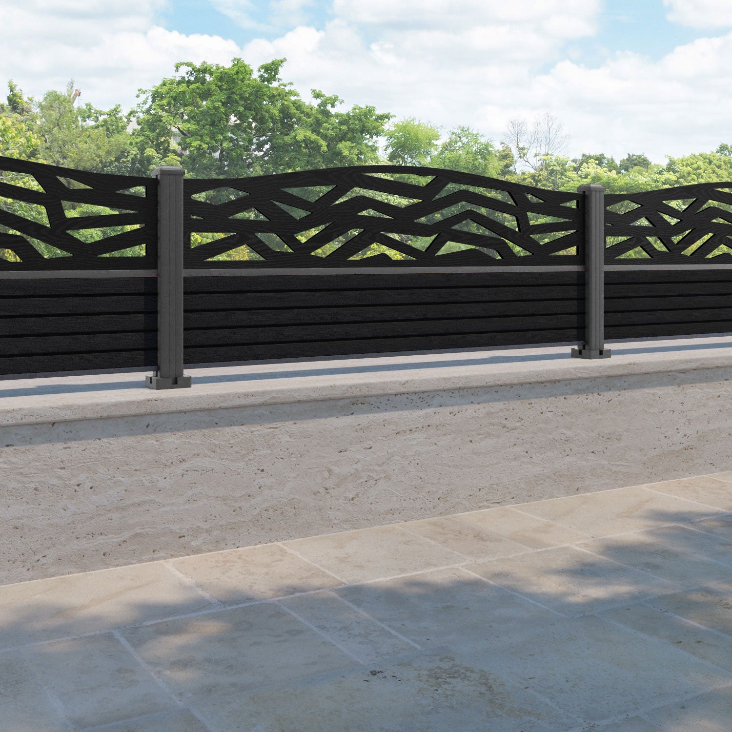 Hudson Zenith Curved Top Fence Panel - Black - with our aluminium posts