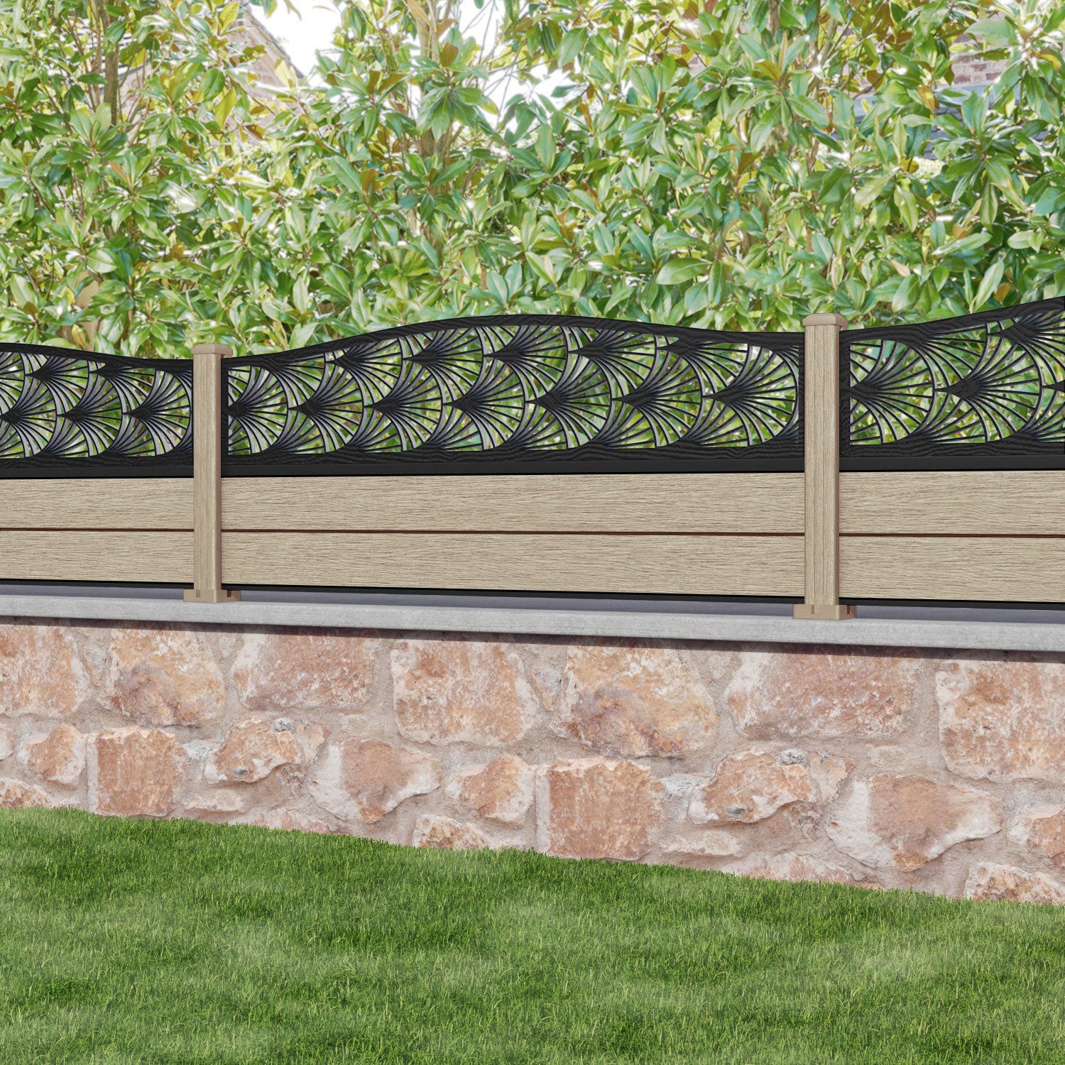 Fusion Laurel Curved Top Fence Panel - Light Oak - with our composite posts