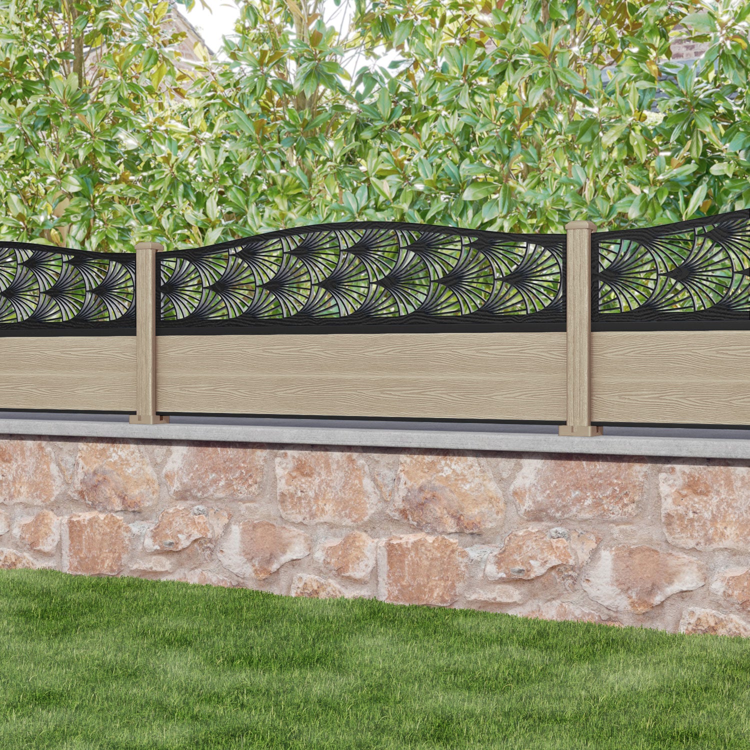 Classic Laurel Curved Top Fence Panel - Light Oak - with our composite posts