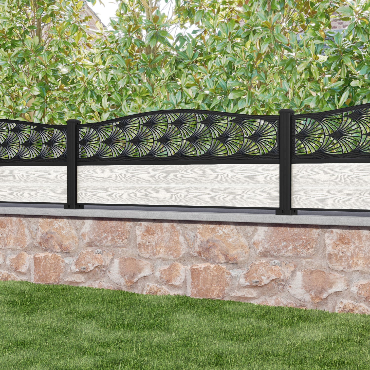 Classic Laurel Curved Top Fence Panel - Light Stone - with our aluminium posts