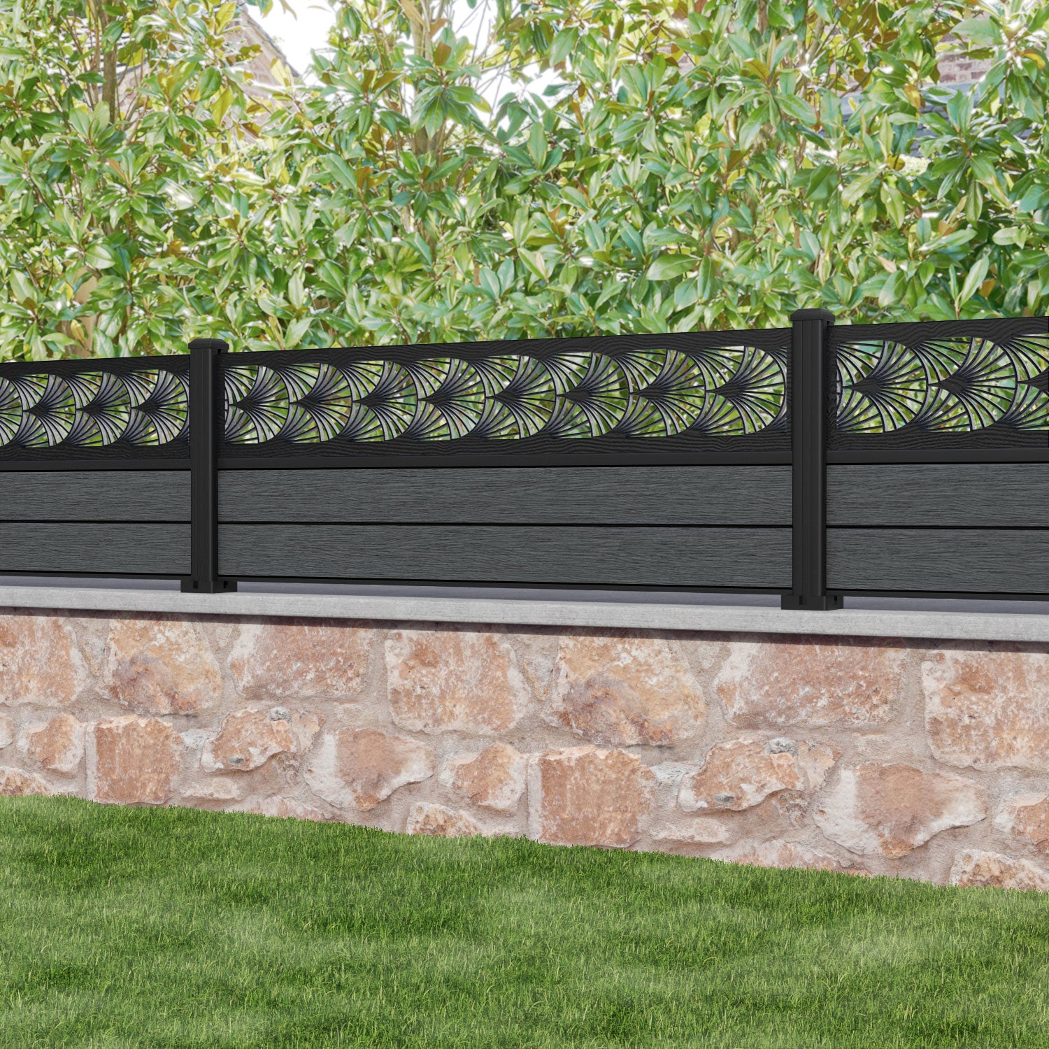Fusion Laurel Fence Panel - Dark Grey - with our aluminium posts