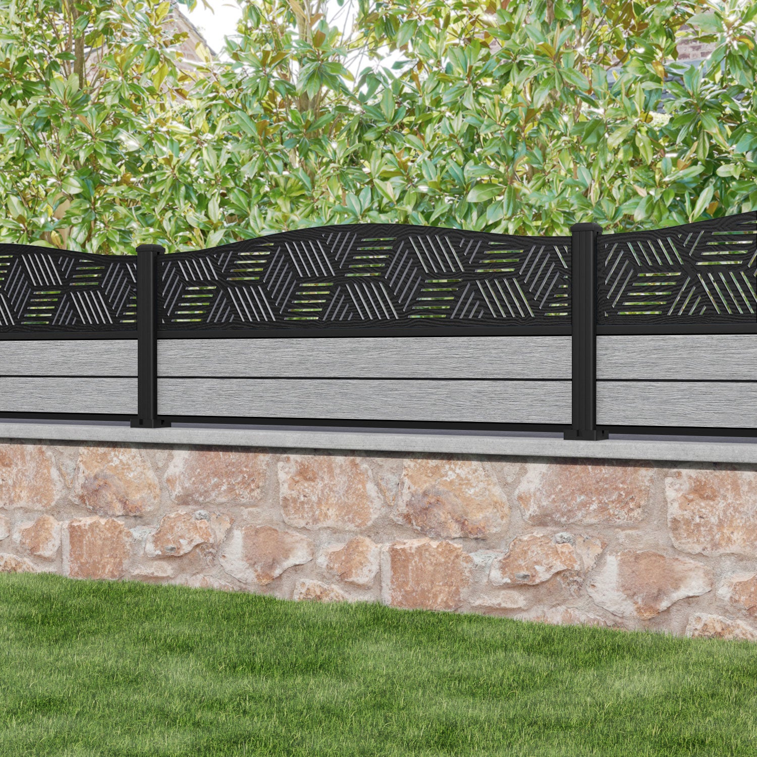 Fusion Cubed Curved Top Fence Panel - Light Grey - with our aluminium posts