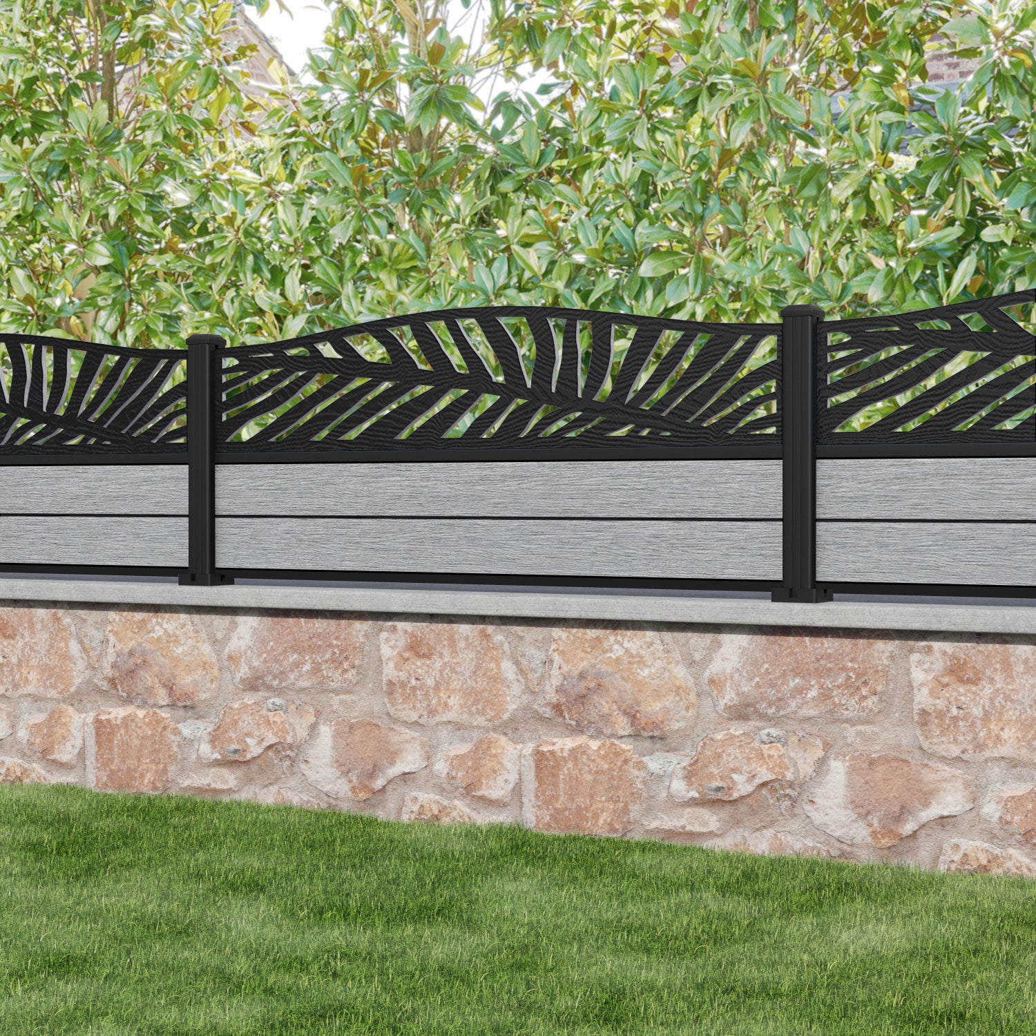 Fusion Palm Curved Top Fence Panel - Light Grey - with our aluminium posts