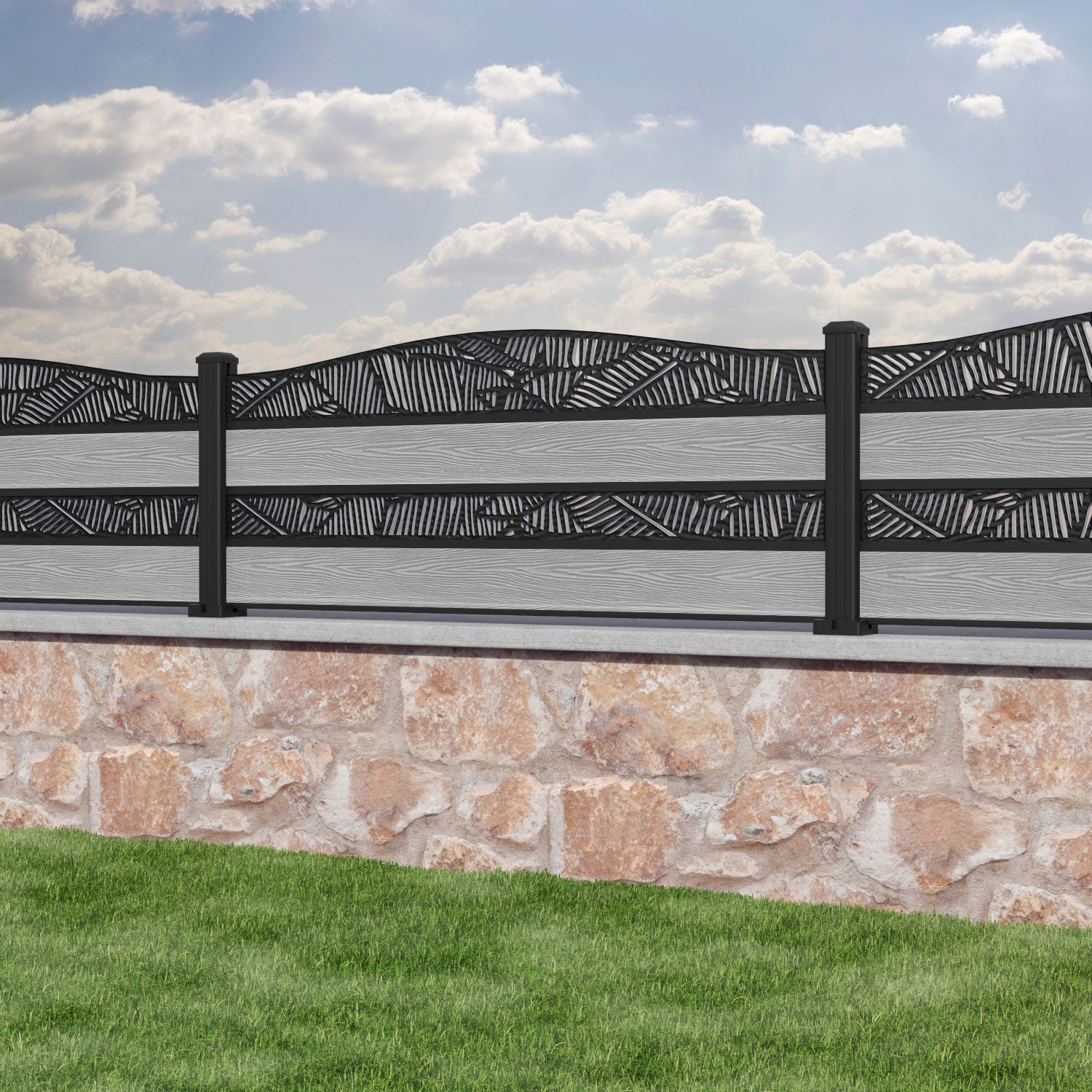 Classic Feather Curved Top Split Screen Fence Panel - Light Grey - with our aluminium posts