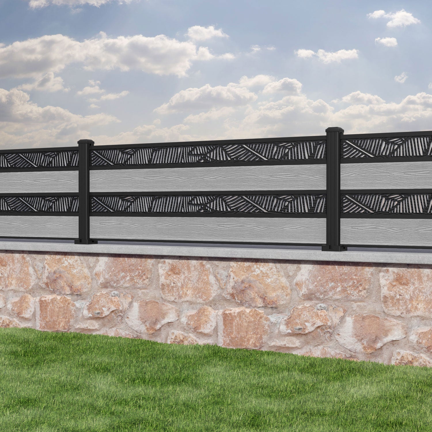 Classic Feather Split Screen Fence Panel - Light Grey - with our aluminium posts