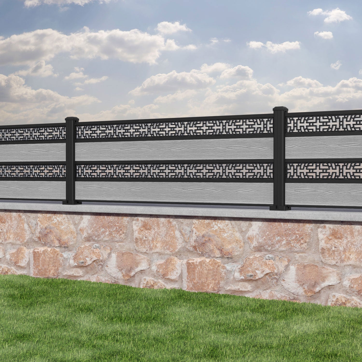 Classic Kumo Split Screen Fence Panel - Light Grey - with our aluminium posts